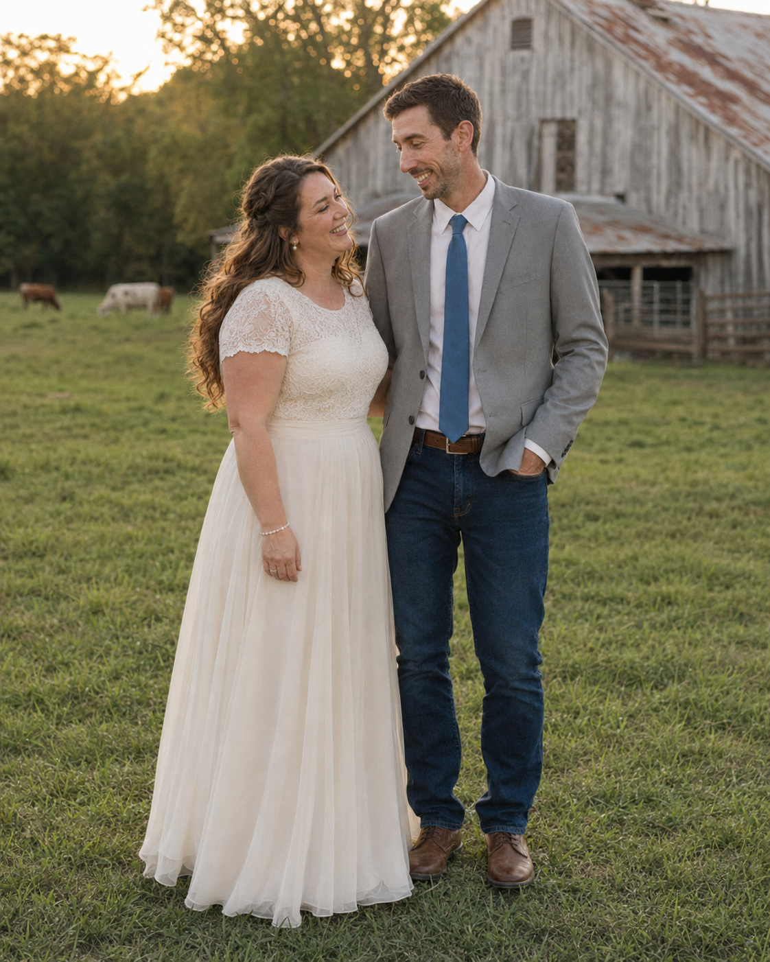 A smiling couple in wedding attire poses in a green field with a rustic barn backdrop at golden hour.