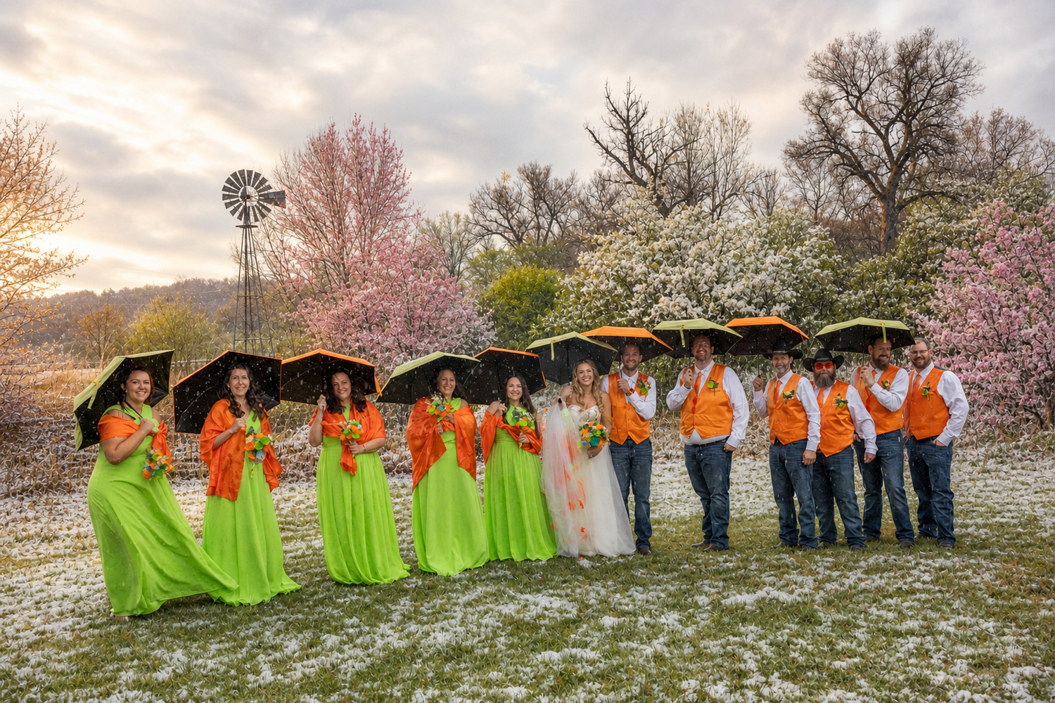 Wedding party in green and orange attire holding umbrellas outdoors among blooming spring trees with a windmill backdrop.