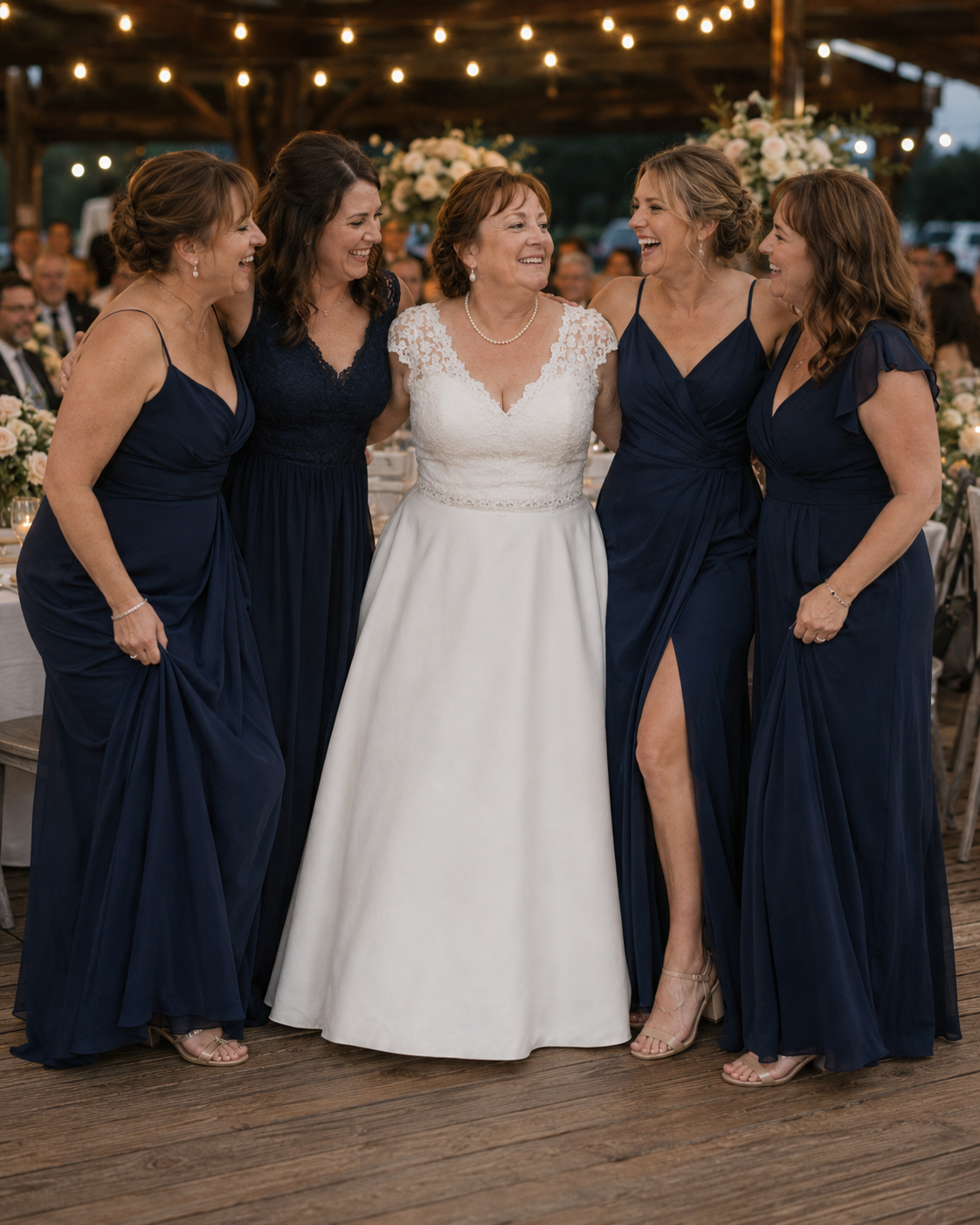 Bride in white gown laughing with four bridesmaids in navy dresses at wedding reception.