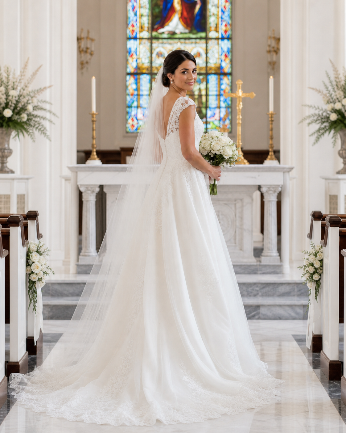 Bride in white lace wedding gown with veil stands at church altar holding white floral bouquet.