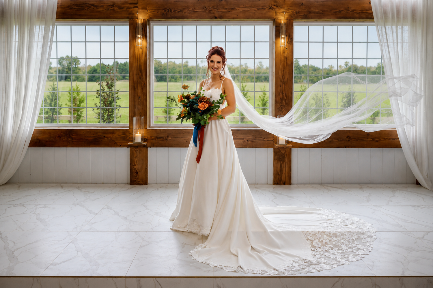 Bride in white gown with flowing veil holds colorful bouquet in elegant venue with large windows.