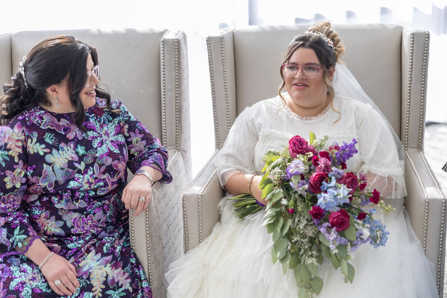 A series of wedding photos showing a bride in a white dress holding a vibrant purple and pink floral bouquet.