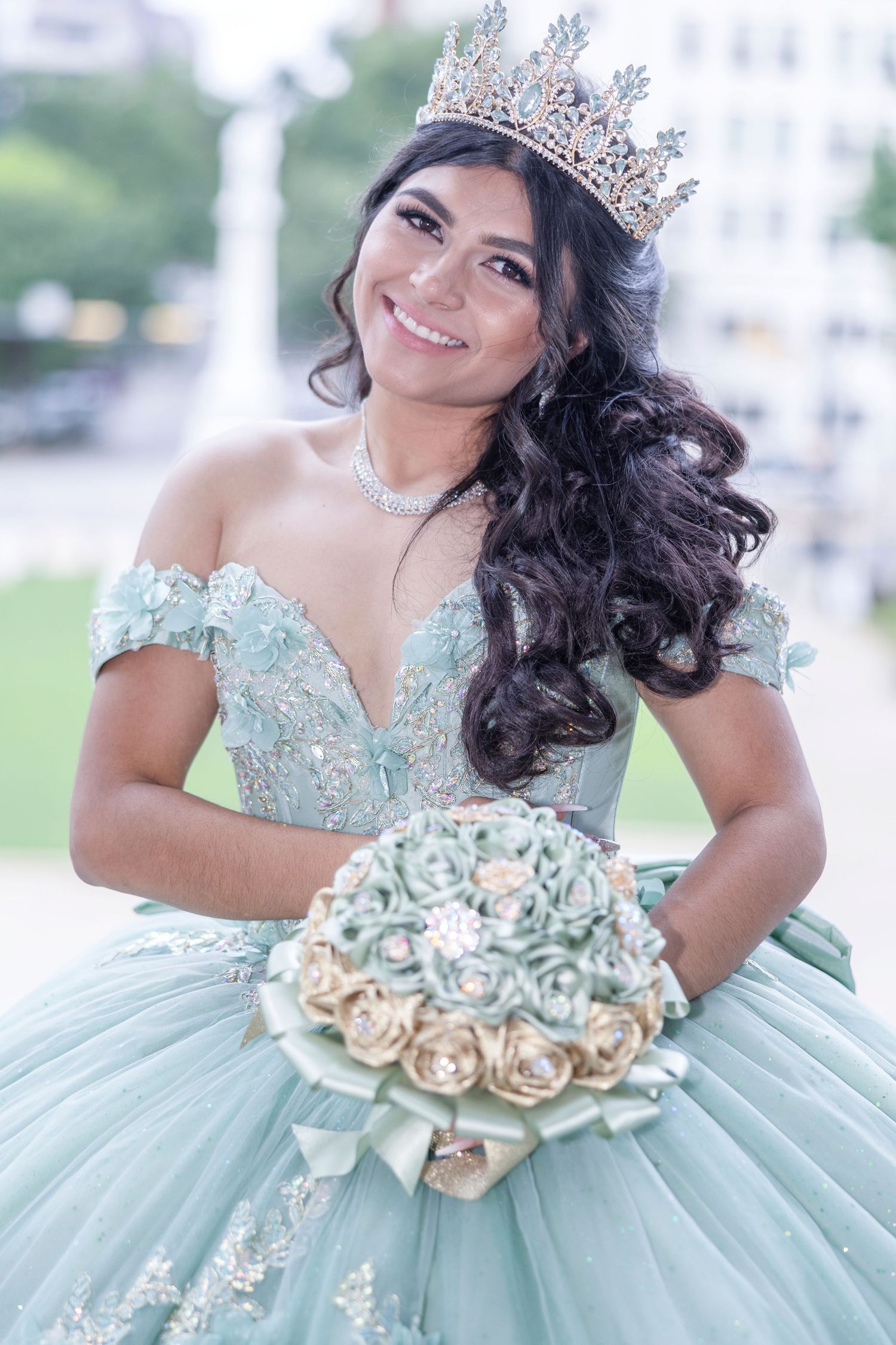 A mint green quinceañera ball gown with beaded bodice, sweetheart neckline and floral details is showcased in multiple views.