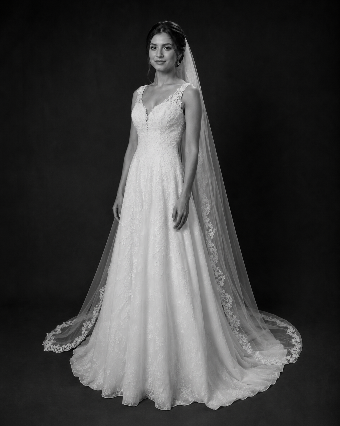 Elegant A-line wedding gown with lace detailing, V-neckline, and cathedral veil, photographed in black and white.