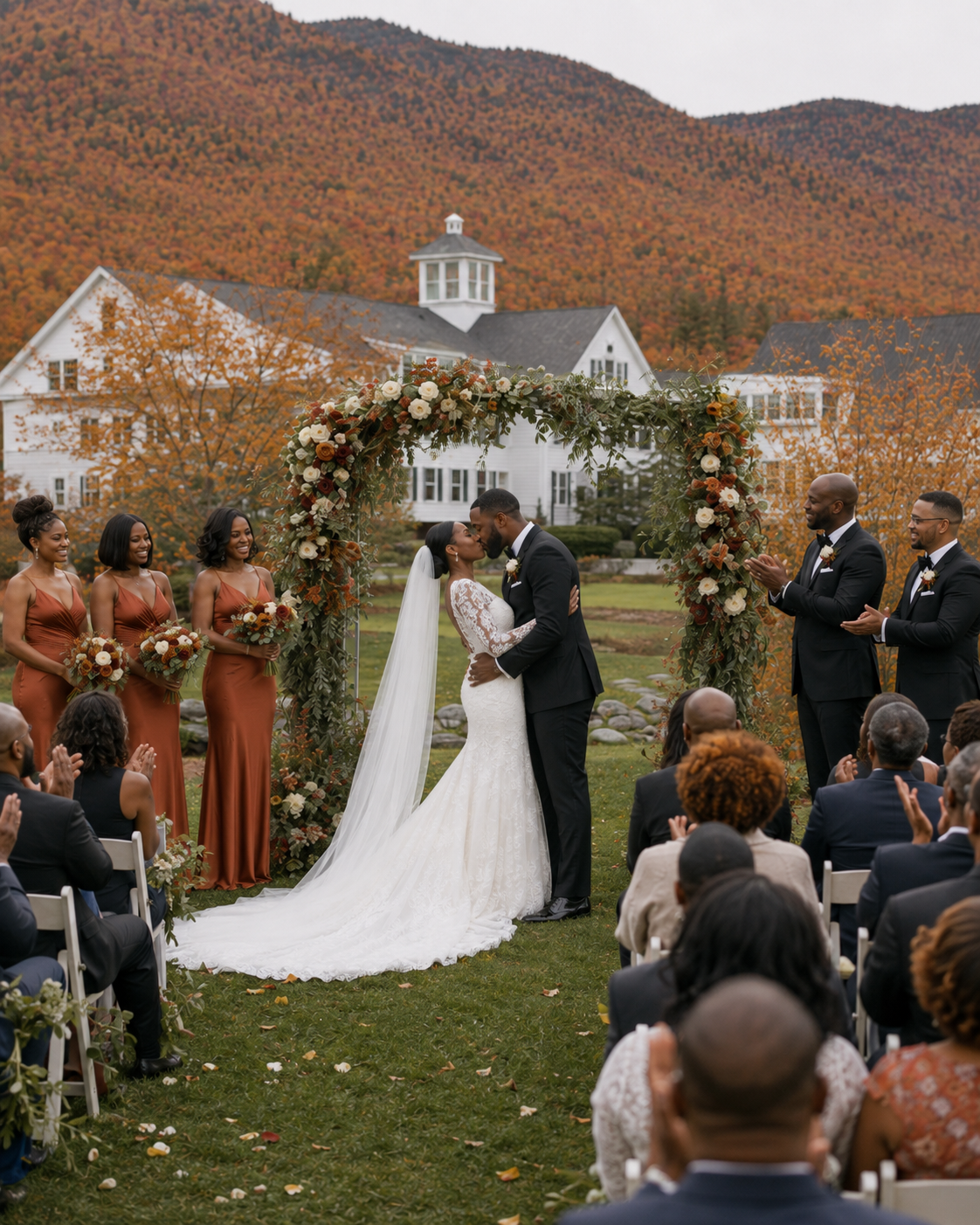 Outdoor fall wedding ceremony with couple at floral arch, bridesmaids in rust gowns, white venue, and colorful mountain backdrop.