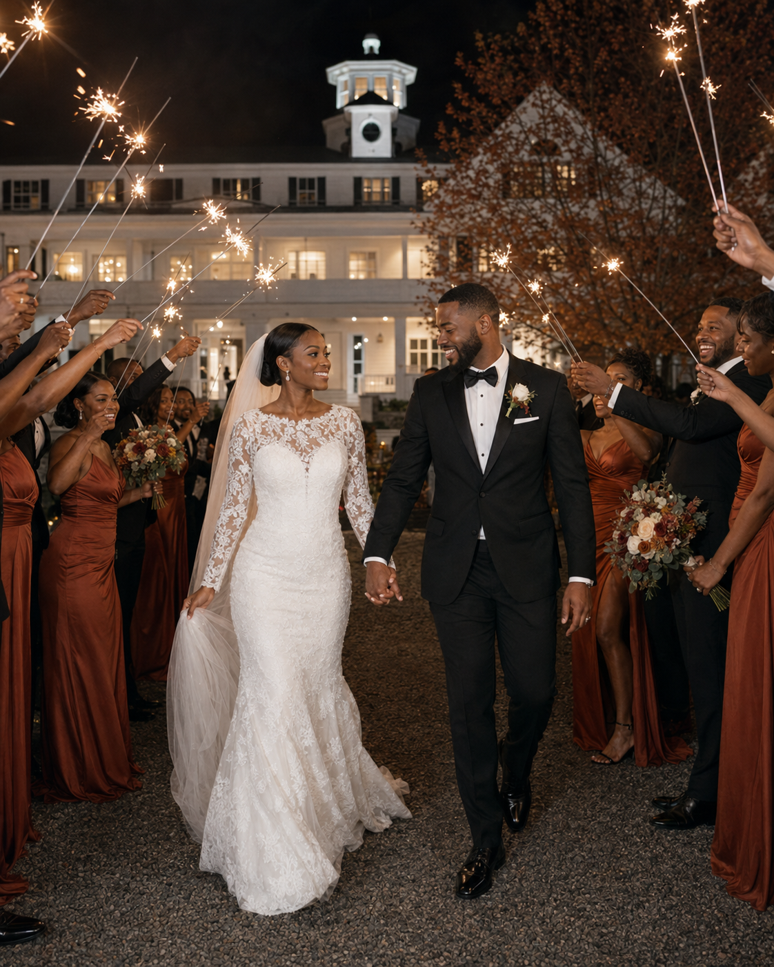 Bride and groom walk through sparkler exit at night, surrounded by wedding party in rust gowns and black tuxedos.
