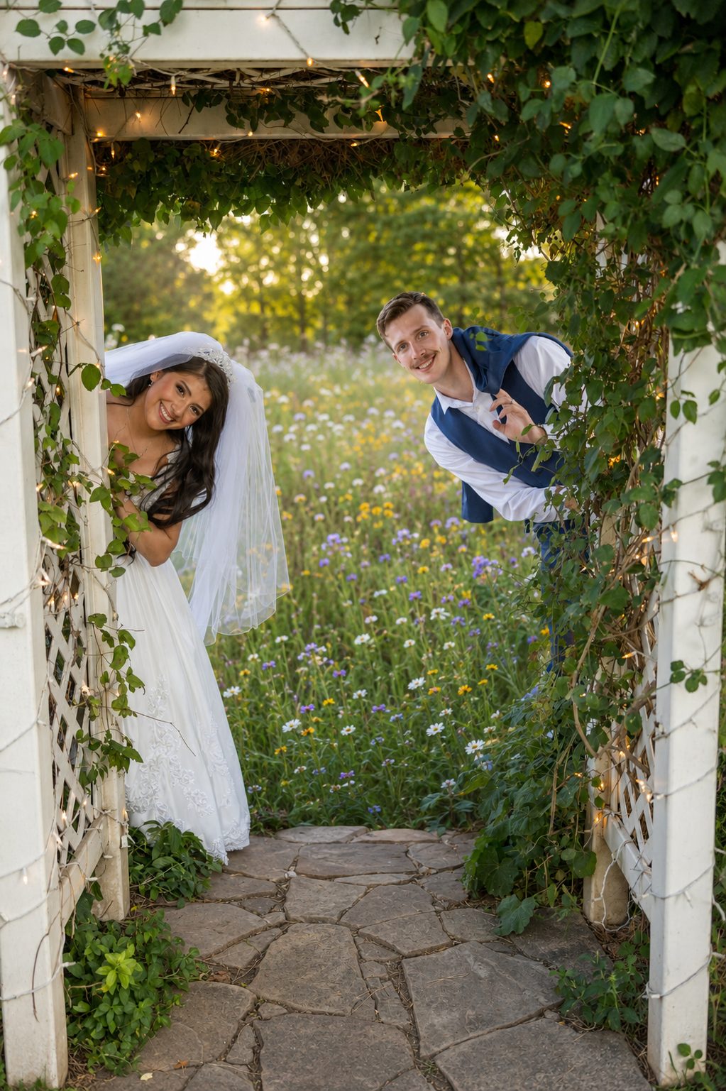 A bride and groom playfully peek through a white garden arbor covered in ivy, surrounded by a colorful wildflower meadow.