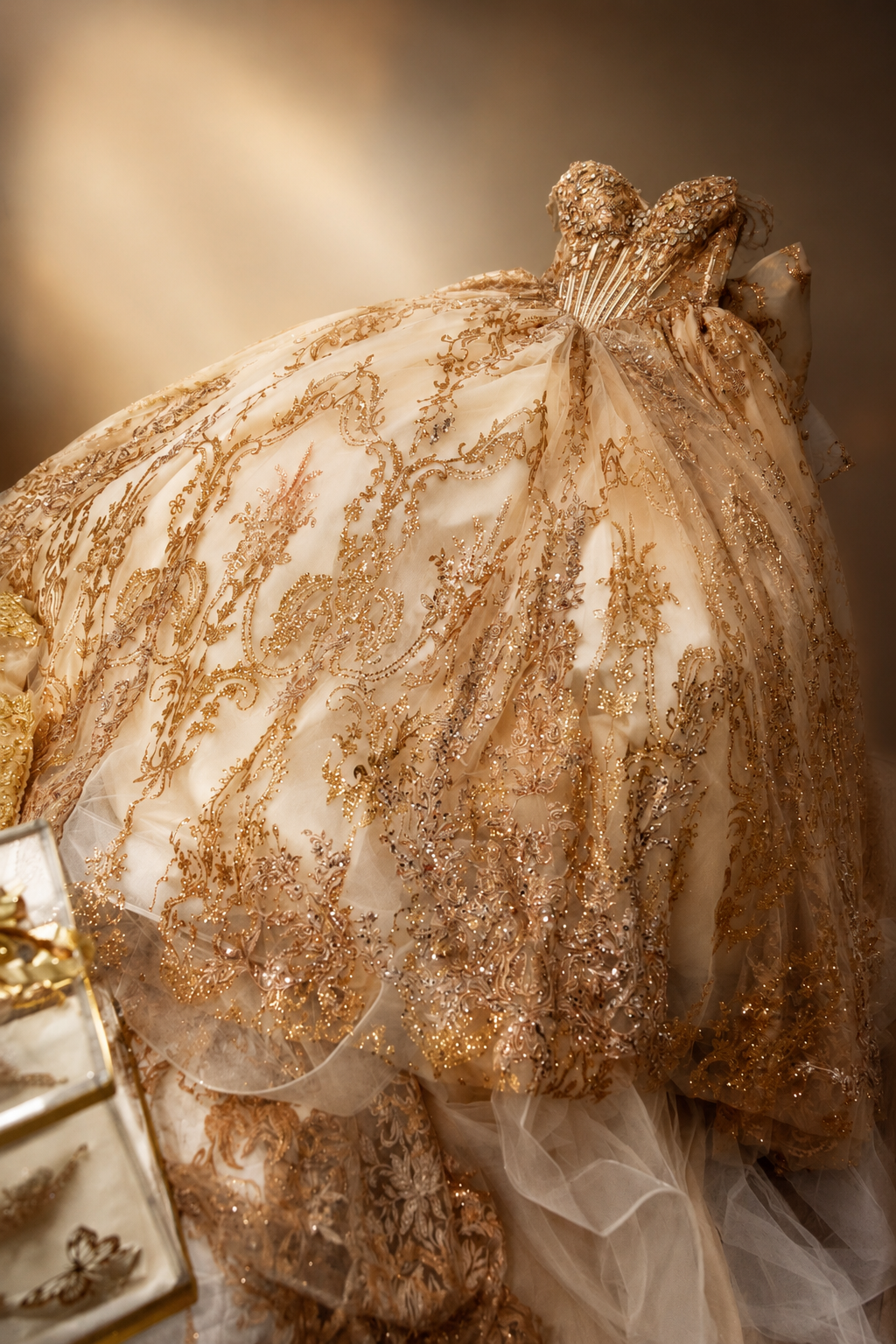 Luxurious gold embroidered bridal gown with intricate lace detailing and shimmering beadwork displayed on a mannequin.