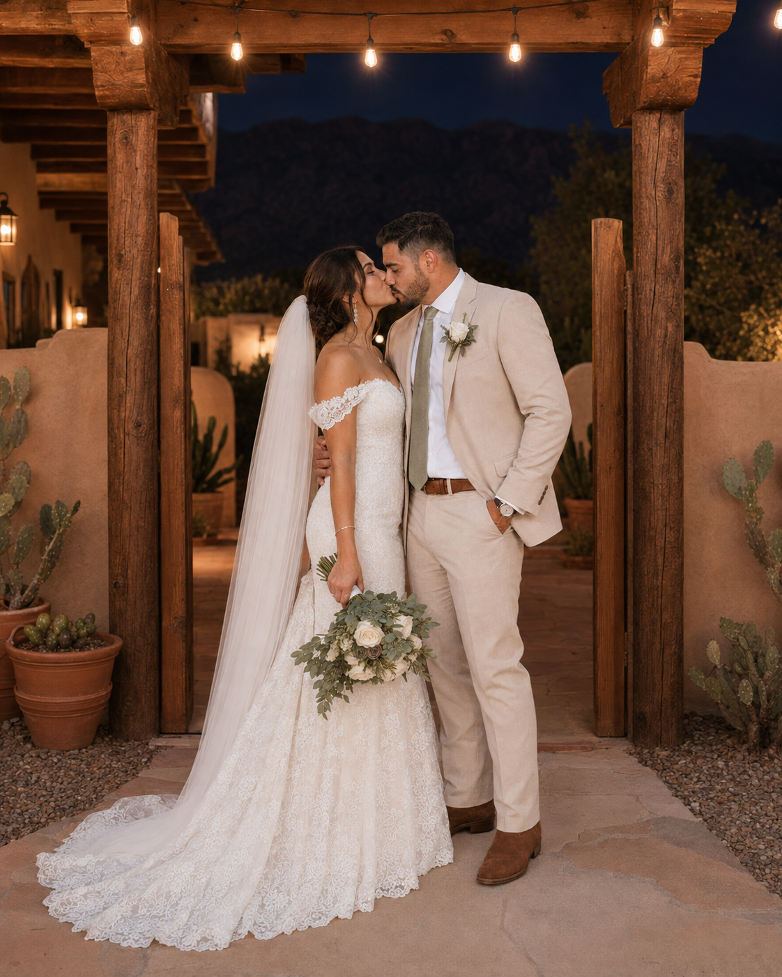 Bride and groom share a kiss under rustic wooden pergola with string lights at desert wedding venue.
