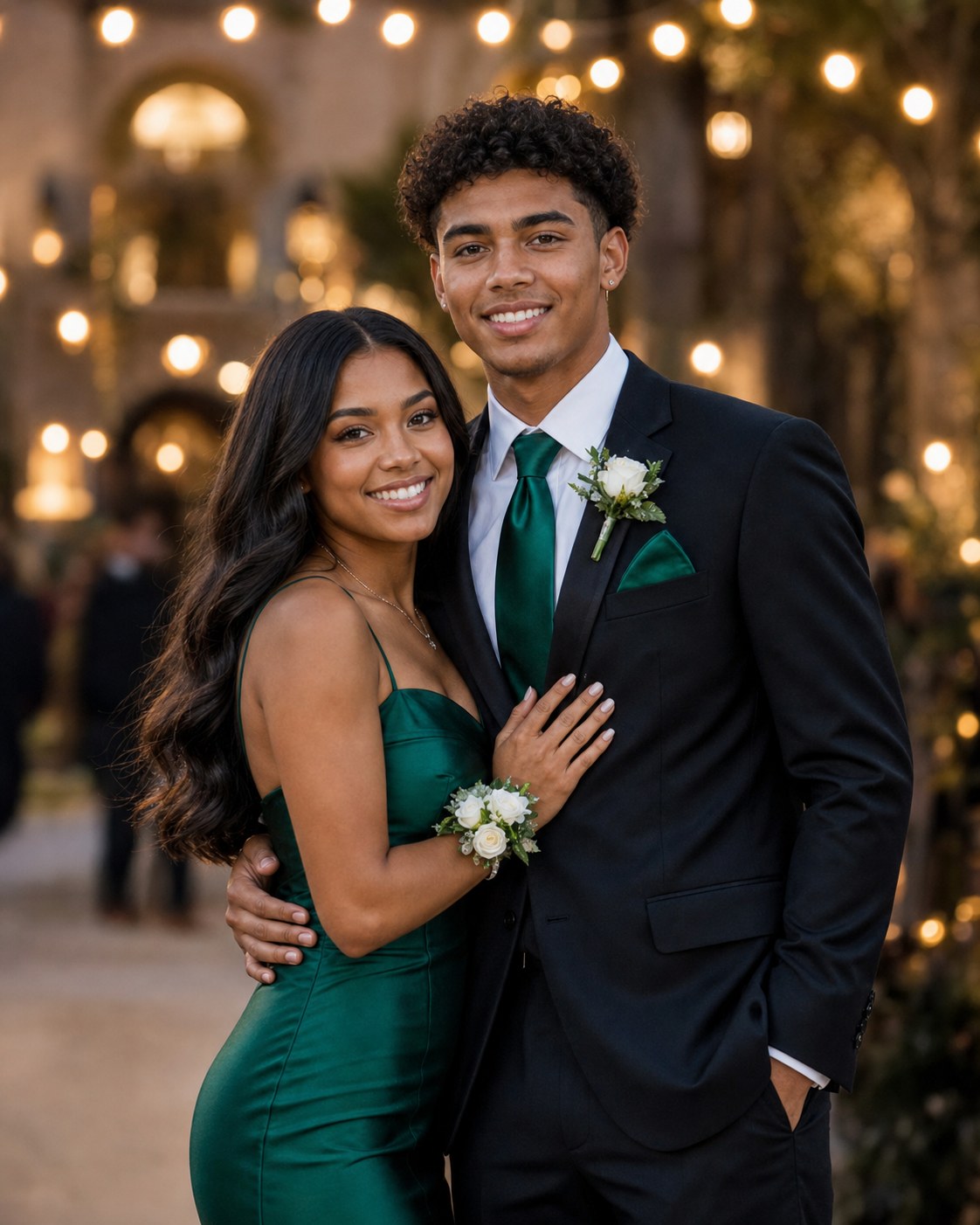 A couple dressed in matching emerald green formal wear poses together at prom, smiling with string lights behind them.
