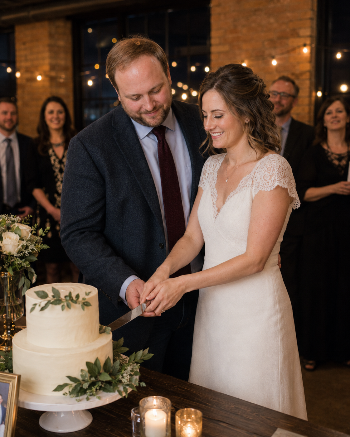 Bride and groom smiling while cutting their white wedding cake at an elegant indoor reception with string lights.
