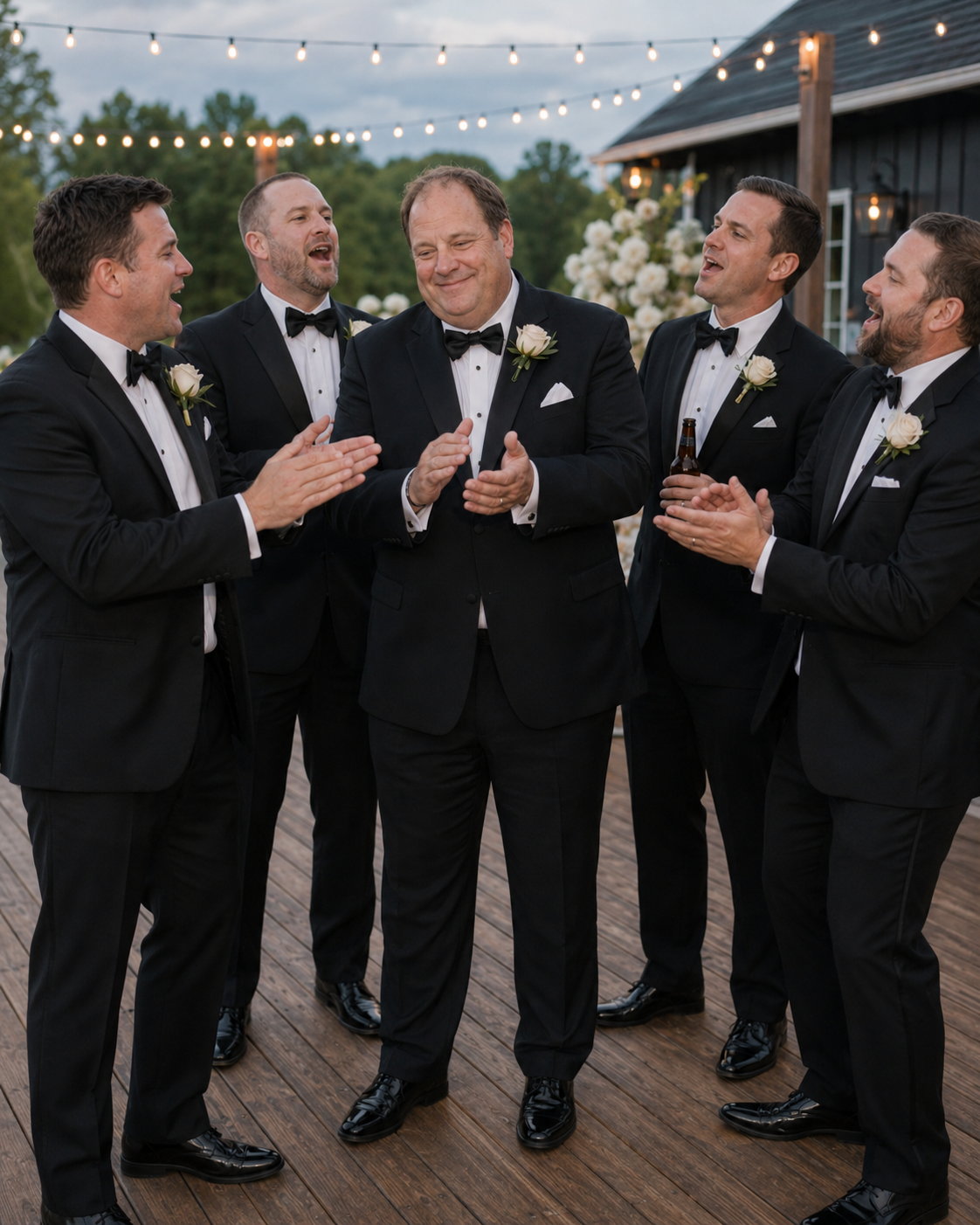 Five groomsmen in black tuxedos with white boutonnieres laugh and clap outdoors at a wedding reception.