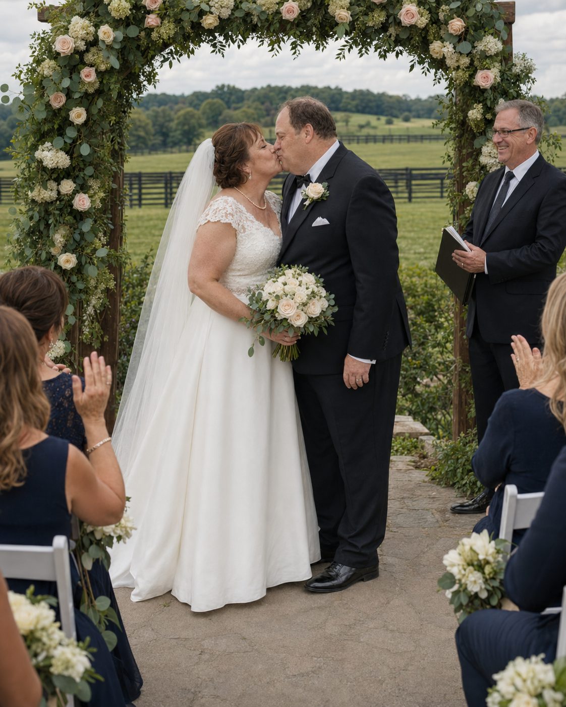 Newlyweds share first kiss under floral arch as guests applaud at outdoor farm wedding ceremony.