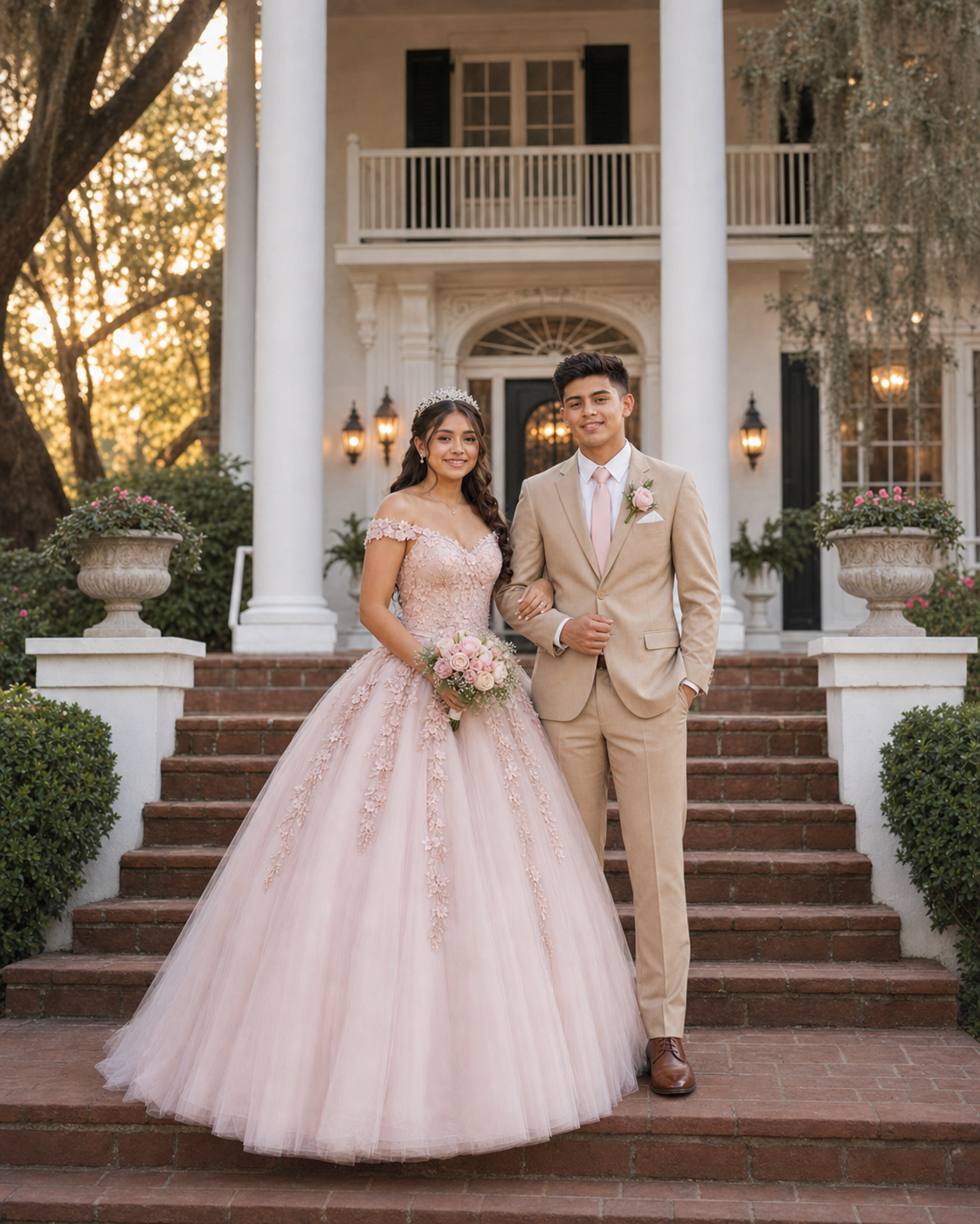 Young couple in blush pink quinceañera gown and tan suit posing on brick steps of elegant Southern mansion.
