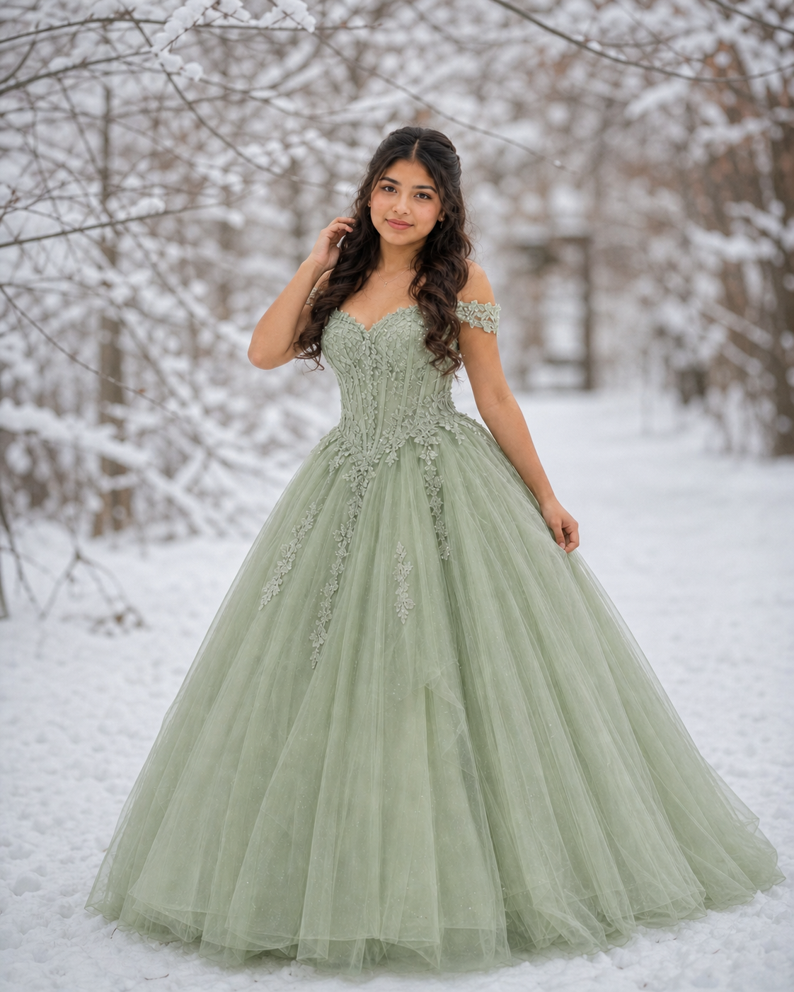 Teen girl in sage green tulle quinceañera gown with floral appliqués standing in snowy winter forest.