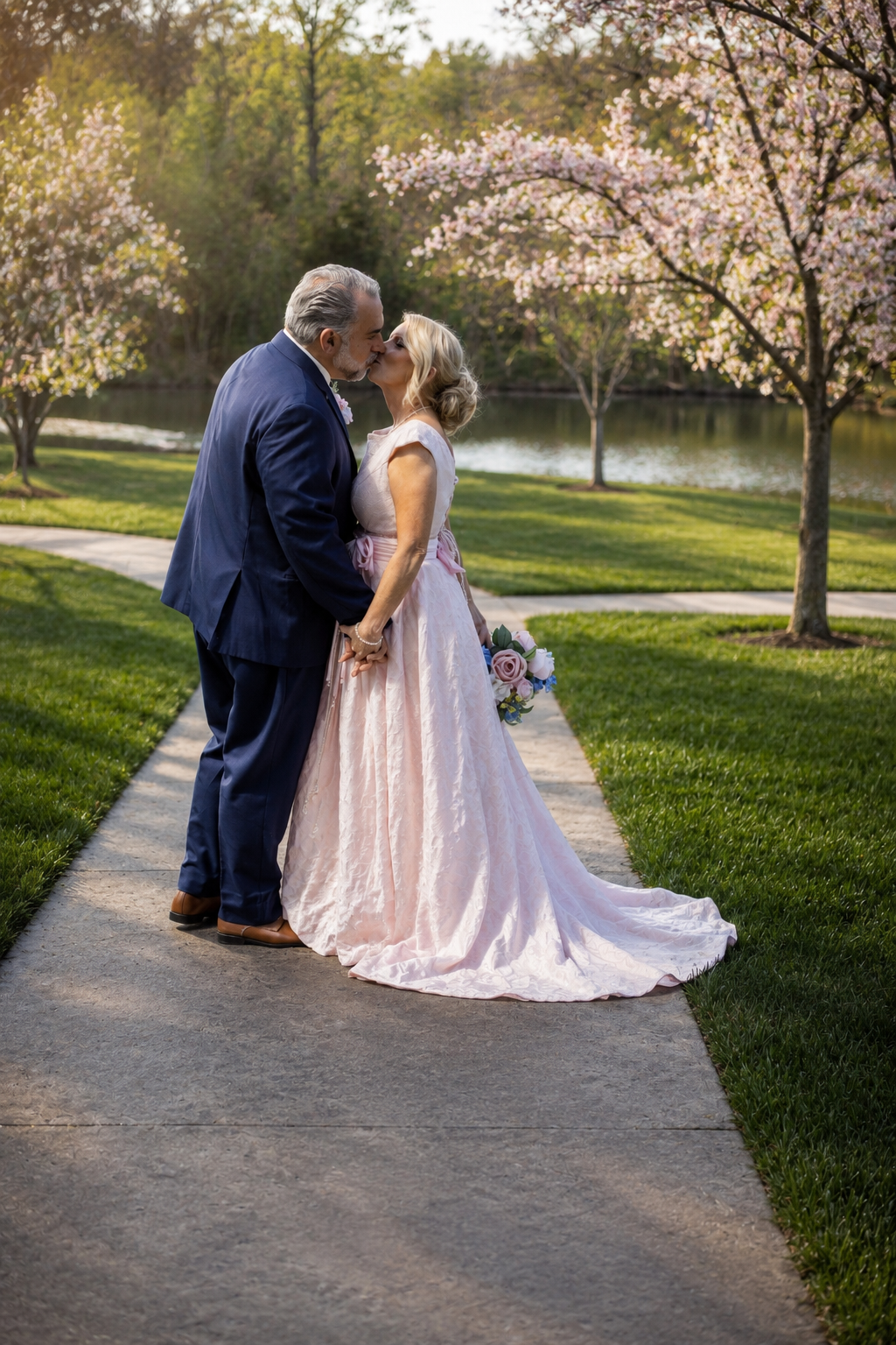 Bride and groom kissing on a garden path with pink blossoming trees and a serene pond in the background.