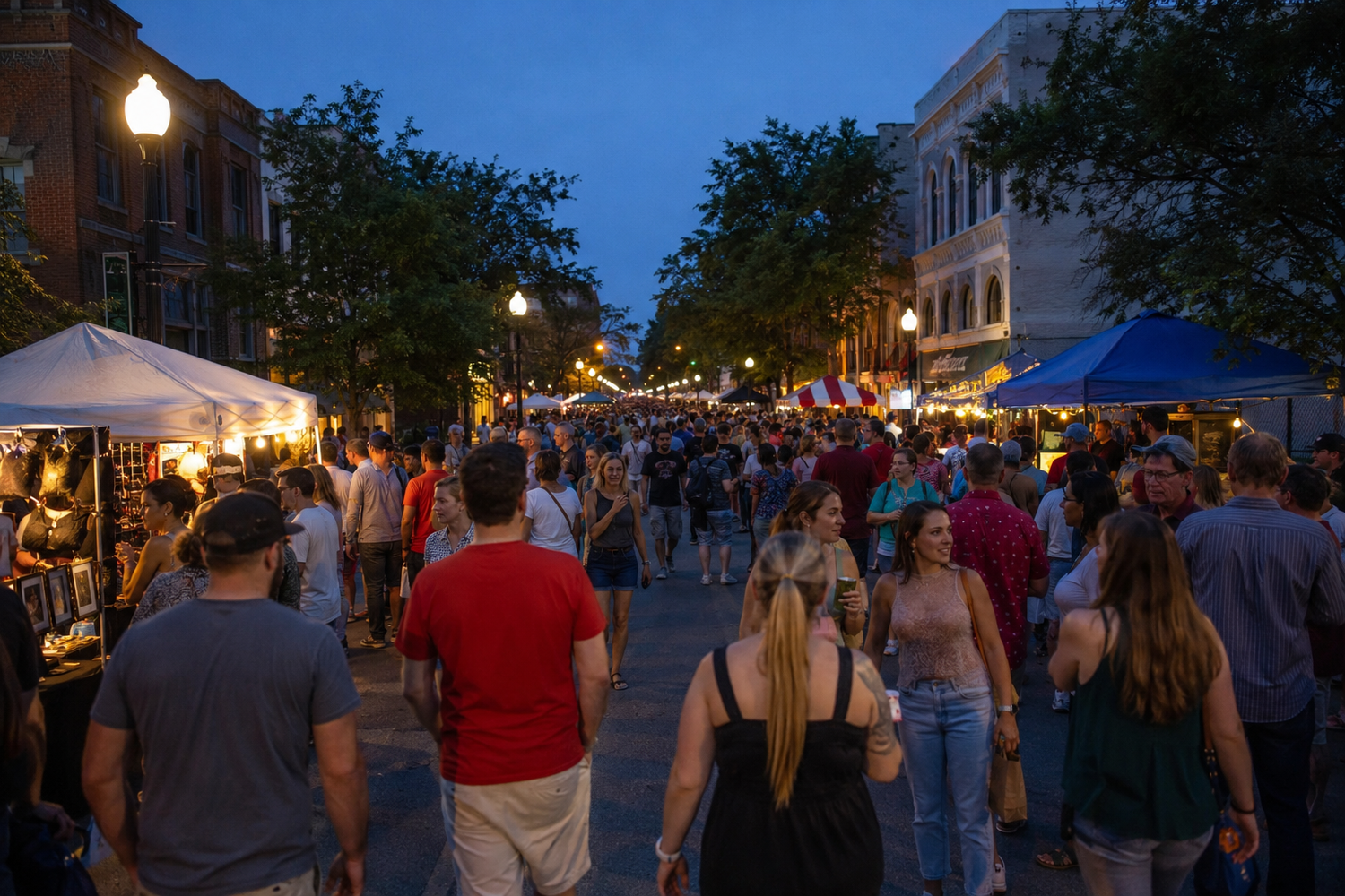 Crowds of people walk through a lively outdoor street festival at dusk, lined with vendor tents and glowing streetlights.