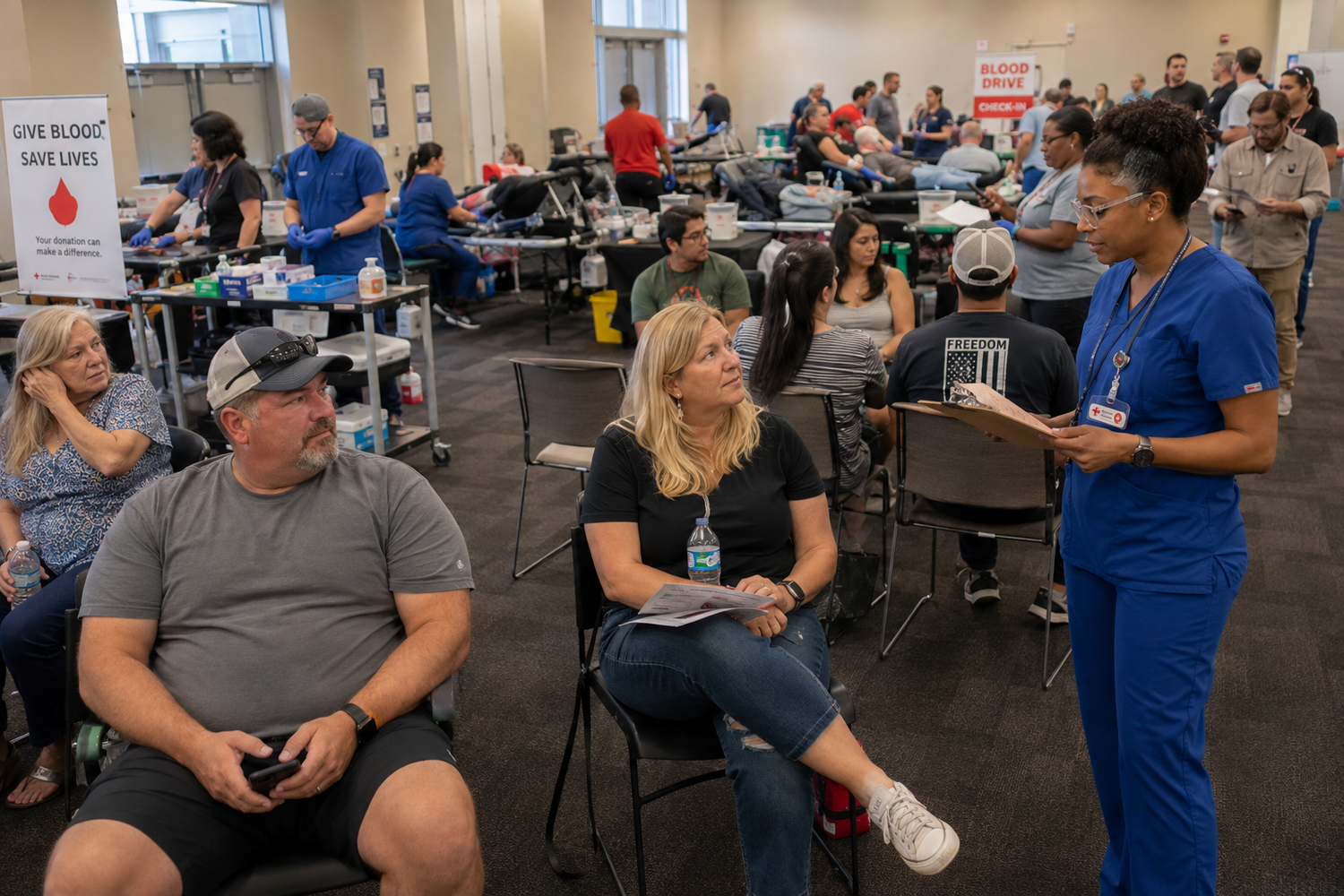 Medical staff in blue scrubs assists donors waiting at chairs during a busy blood drive event.