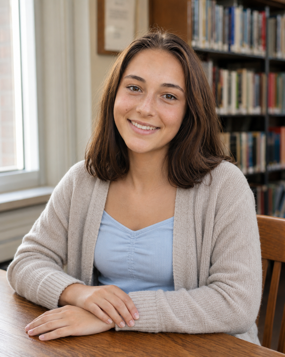 Young woman in cardigan smiling at library table with bookshelves.