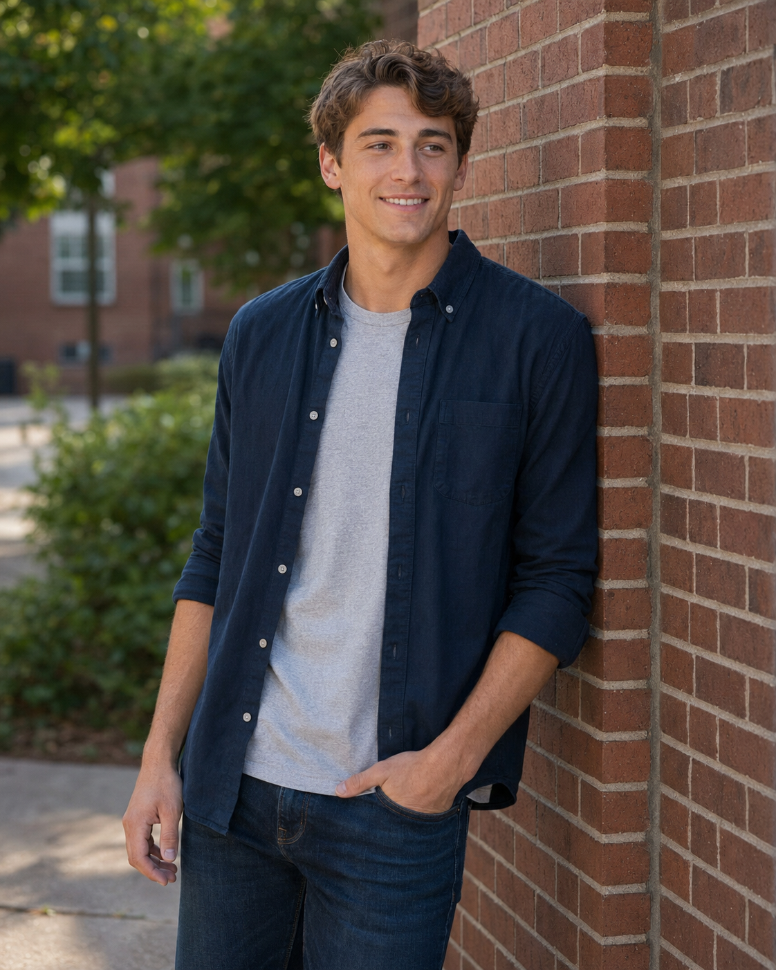 Smiling young man in navy shirt leans against a brick wall outdoors.