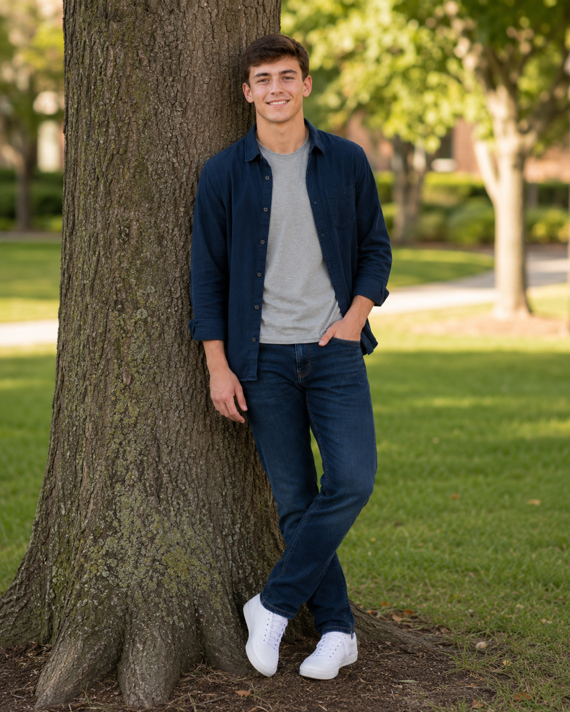 Young man in navy shirt and jeans leans against a tree outdoors for a classic senior portrait.