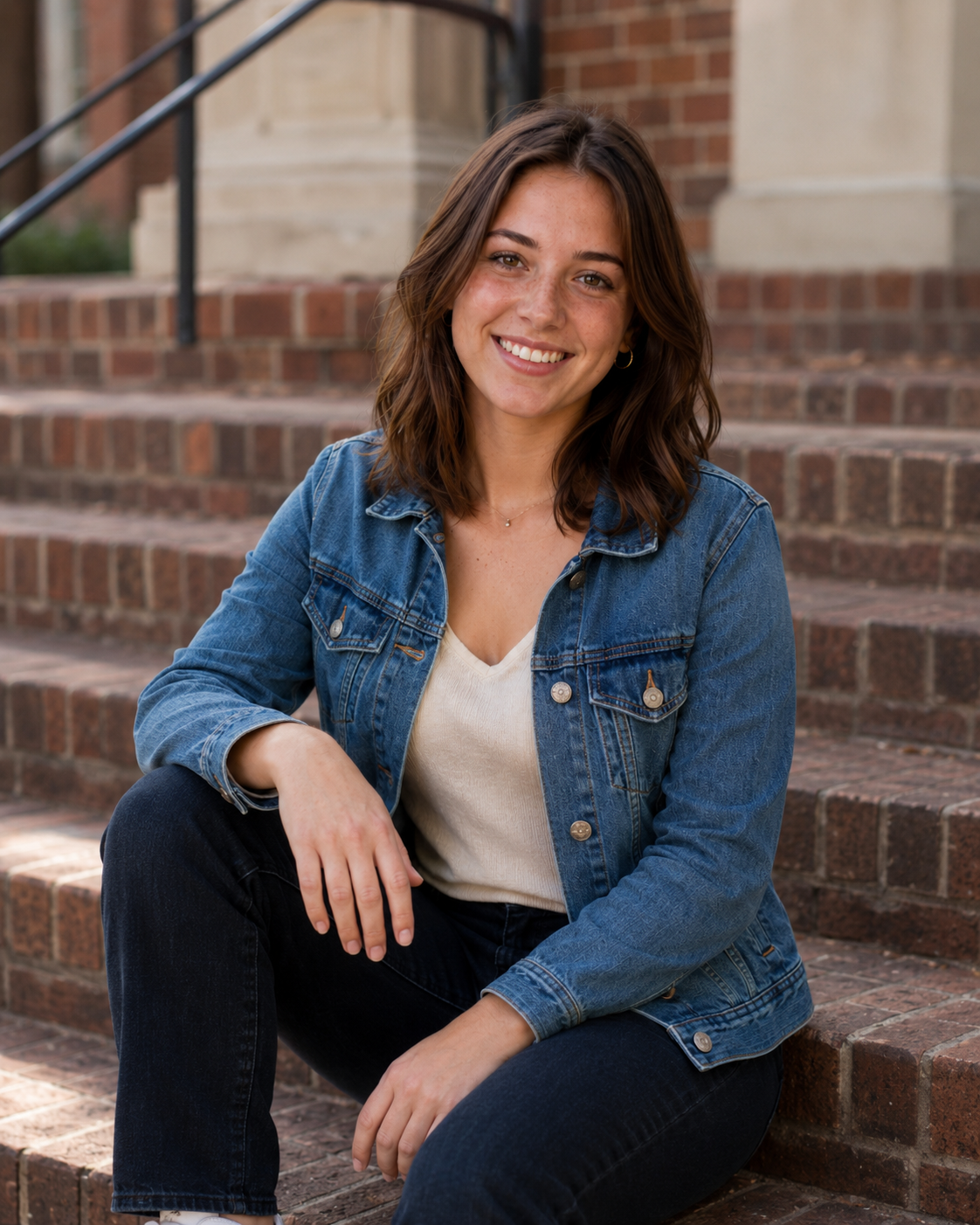 Young woman smiling in denim jacket and black jeans, sitting on brick steps outdoors in natural light.