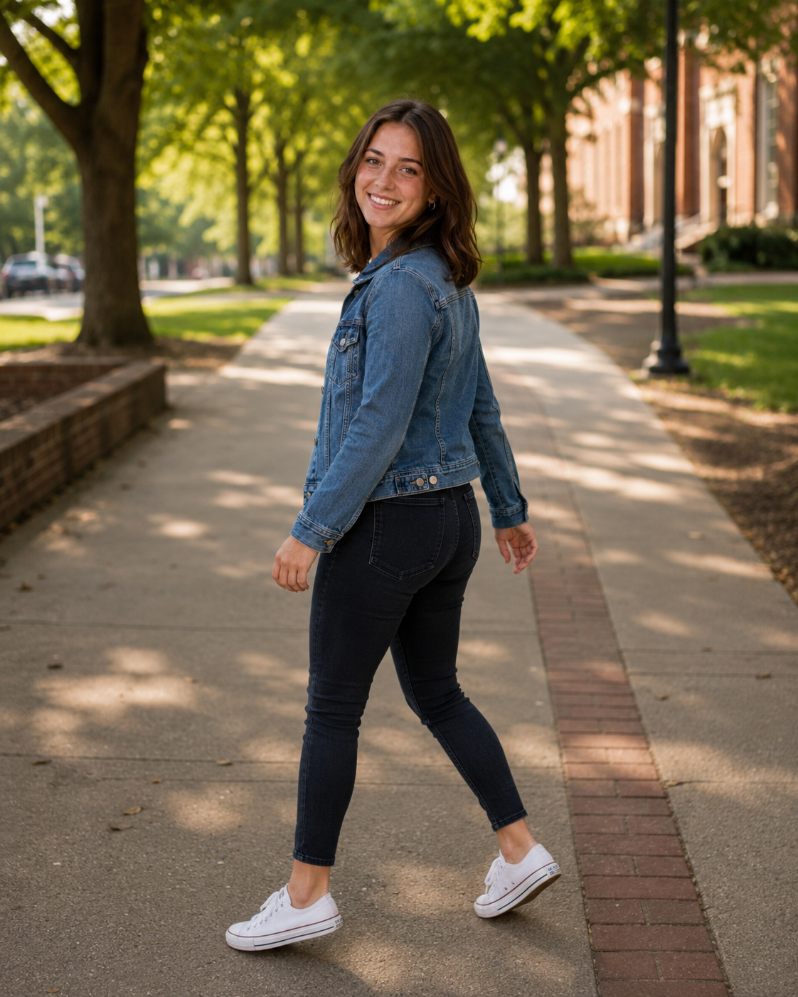Young woman in denim jacket, black jeans, and white sneakers smiling while walking on a tree-lined campus path.