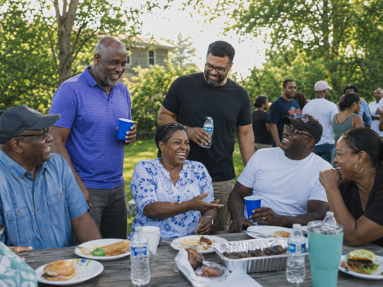 Diverse family group laughing and enjoying an outdoor backyard barbecue gathering around a picnic table.