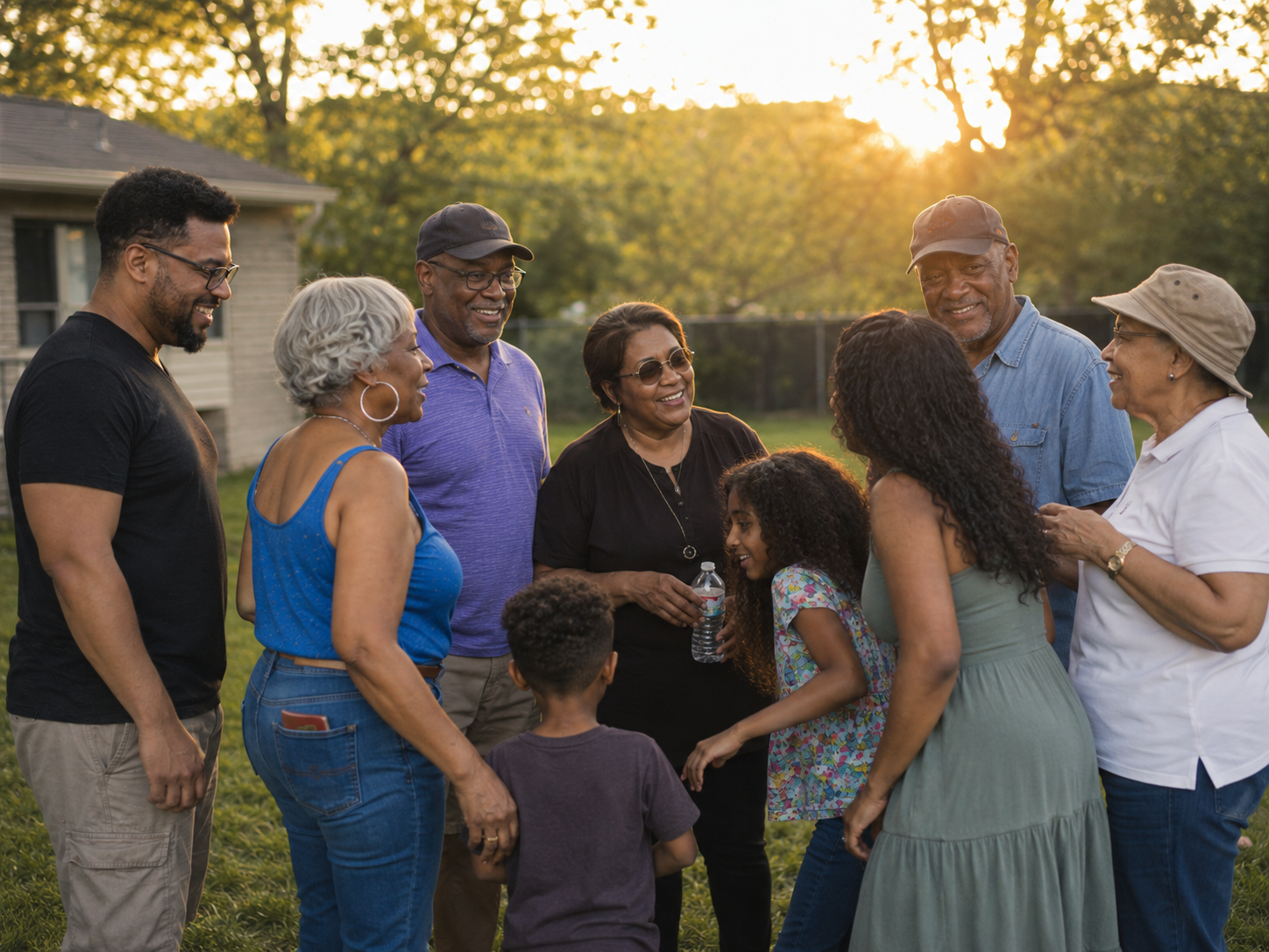 Multi-generational Black family enjoying a warm sunset gathering in a backyard.