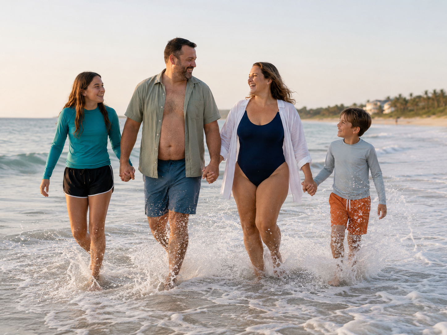 Happy family of four walking along a sunny beach shoreline, splashing in ocean waves during a summer vacation.