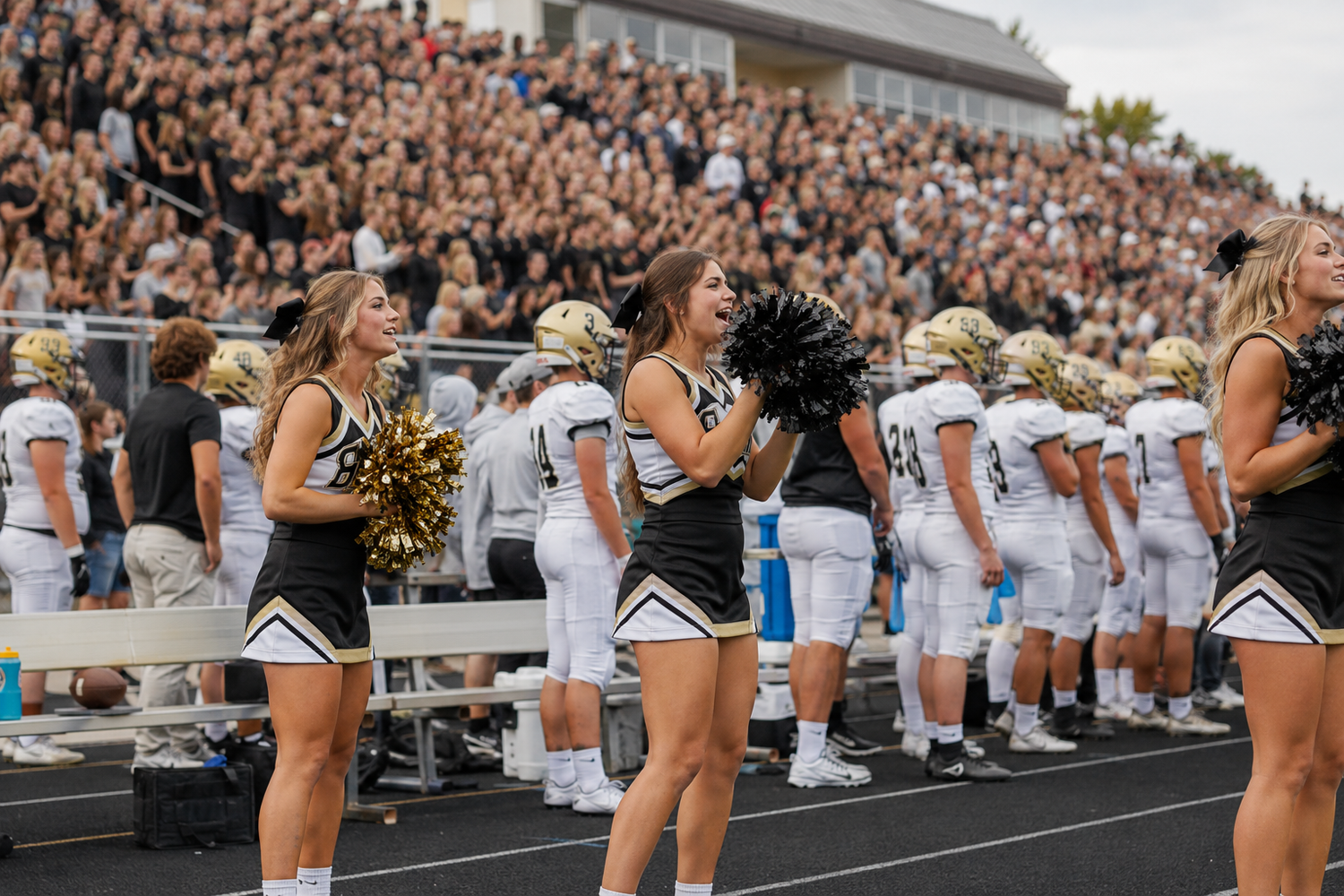 Cheerleaders in black and white uniforms cheer on the sidelines during a high school football game.