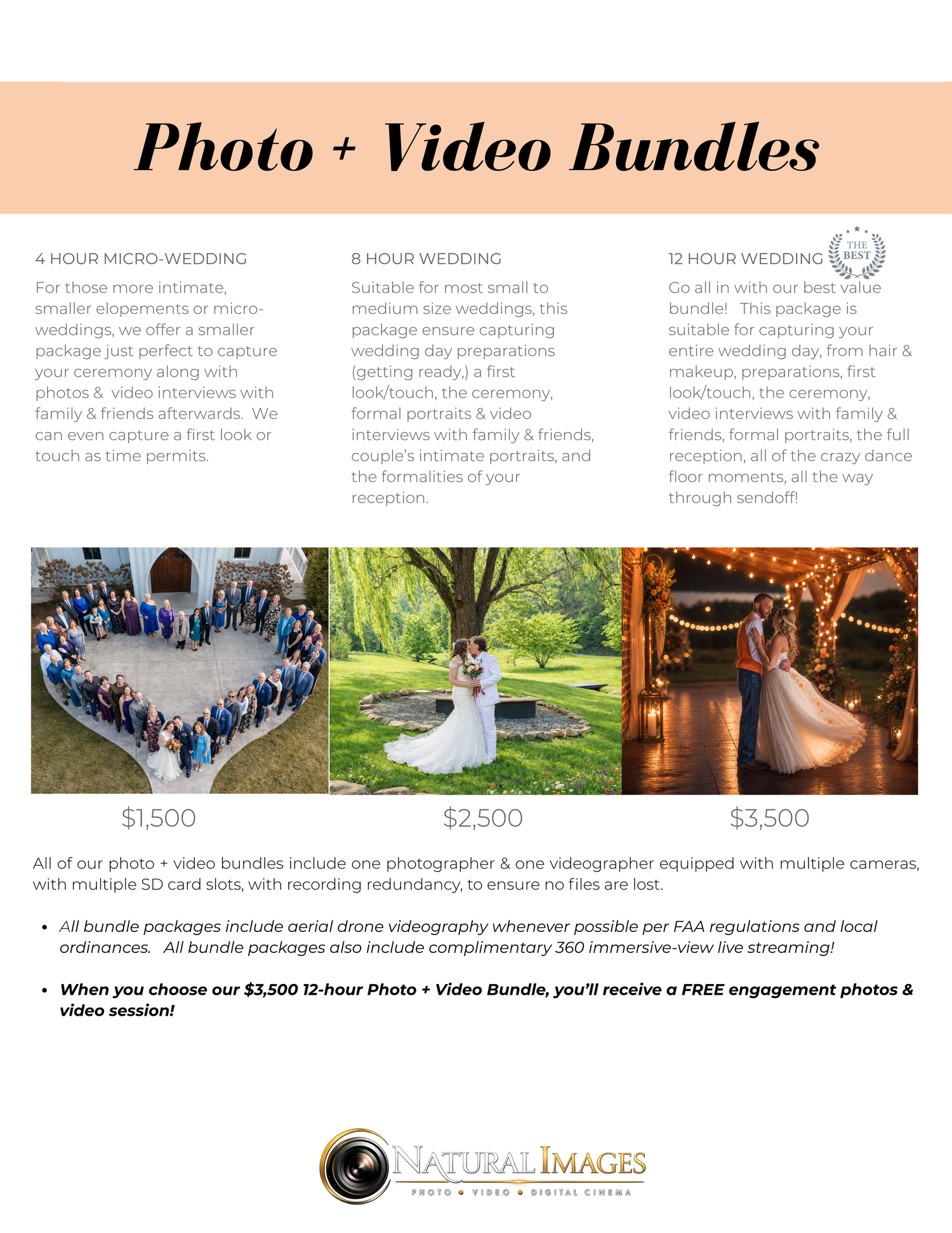 Wedding photo and video bundle packages starting at $1500, featuring ceremony and reception coverage options.