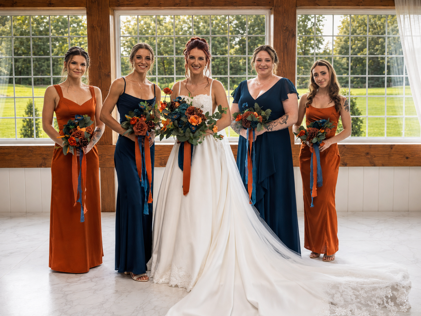 Bride in white gown with four bridesmaids in navy and rust dresses holding bouquets indoors.