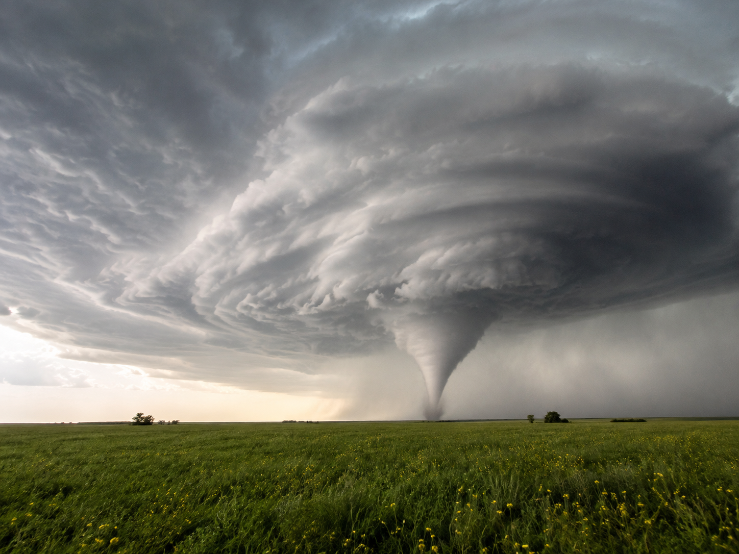 Massive tornado touching down over green fields under dramatic swirling supercell storm clouds in rural plains.