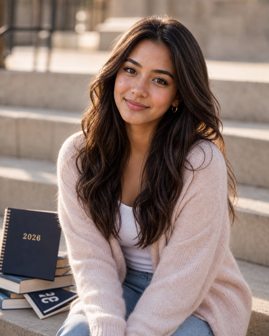 Young woman with long dark hair sits on steps holding a 2026 planner, wearing a pink cardigan, smiling warmly.