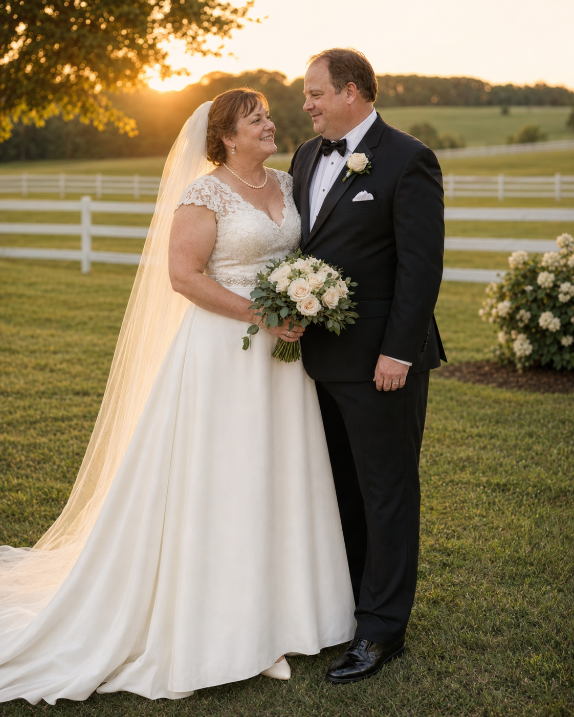 Bride and groom share a romantic sunset moment on lush green lawn, she in lace wedding gown holding bouquet, he in black tuxedo.