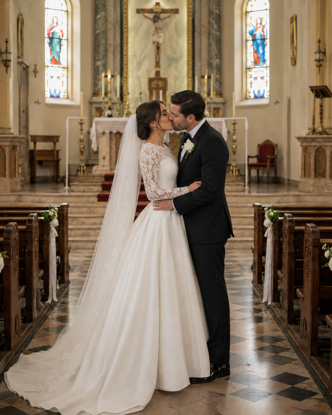 Newlyweds share first kiss as husband and wife in elegant church aisle with stained glass windows behind them.