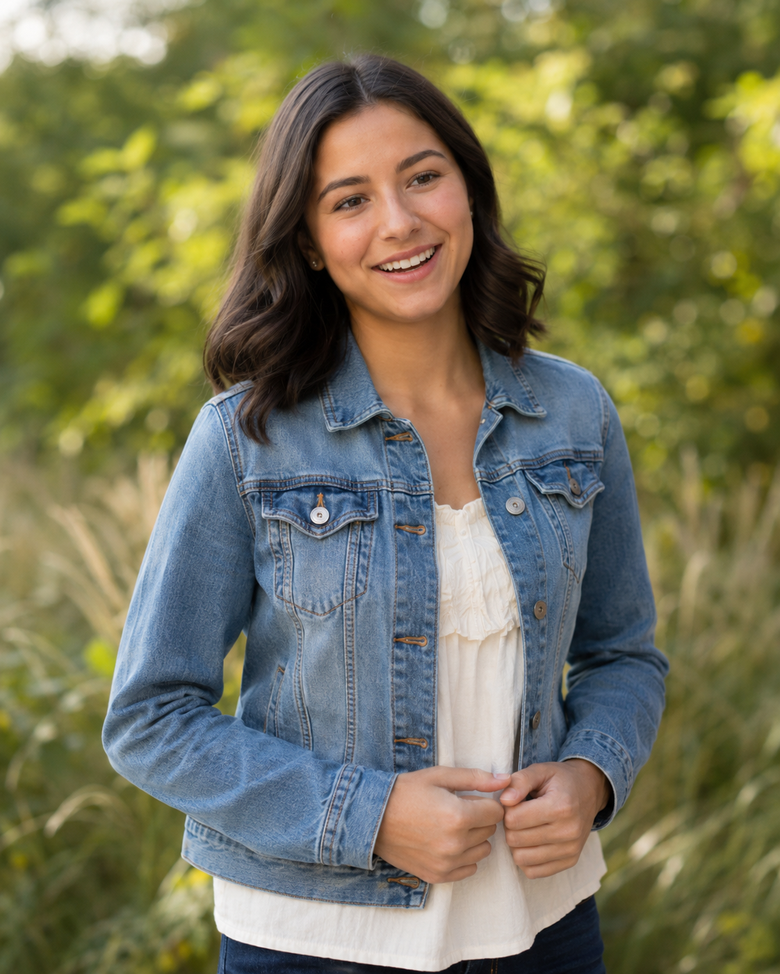 Young woman smiling in denim jacket and white top outdoors among green foliage.