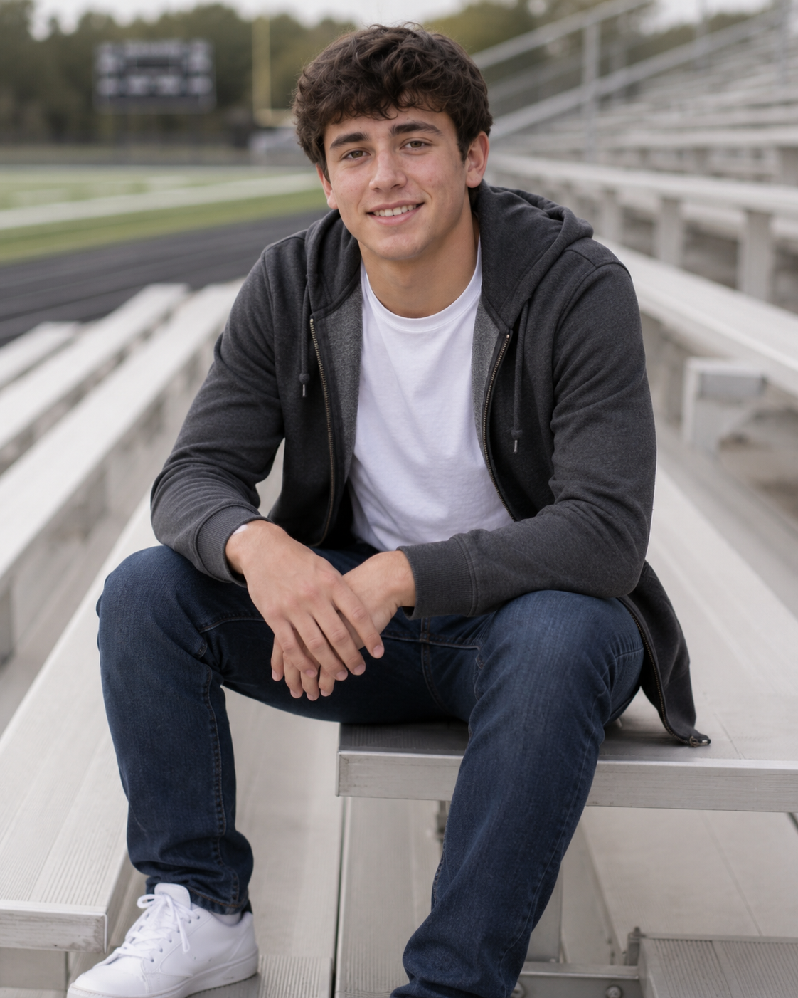Smiling teenage boy in gray hoodie and jeans sitting relaxed on bleachers at an outdoor stadium.
