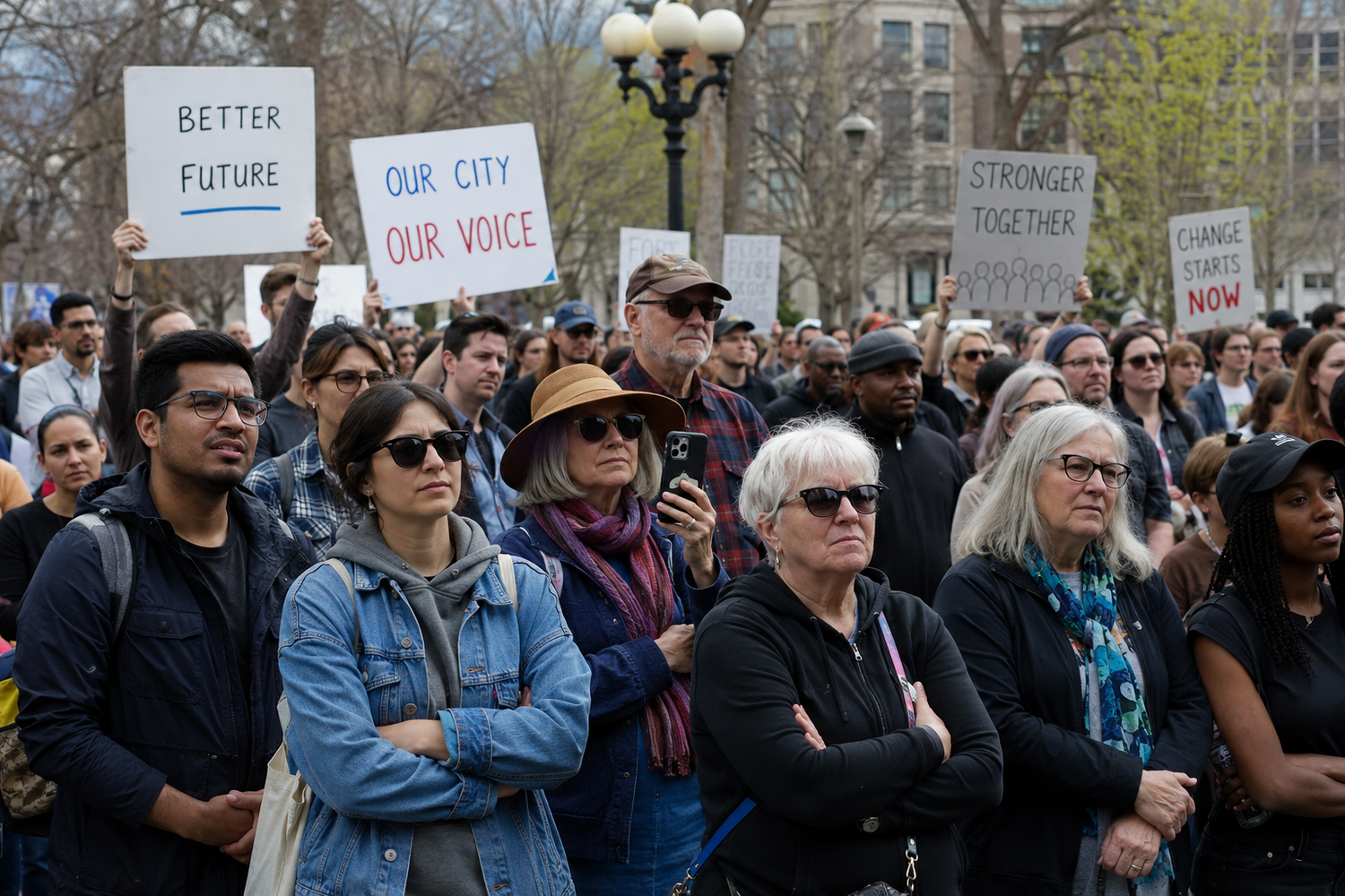 Crowd of protesters holding signs reading Our City Our Voice and Better Future at an outdoor rally.