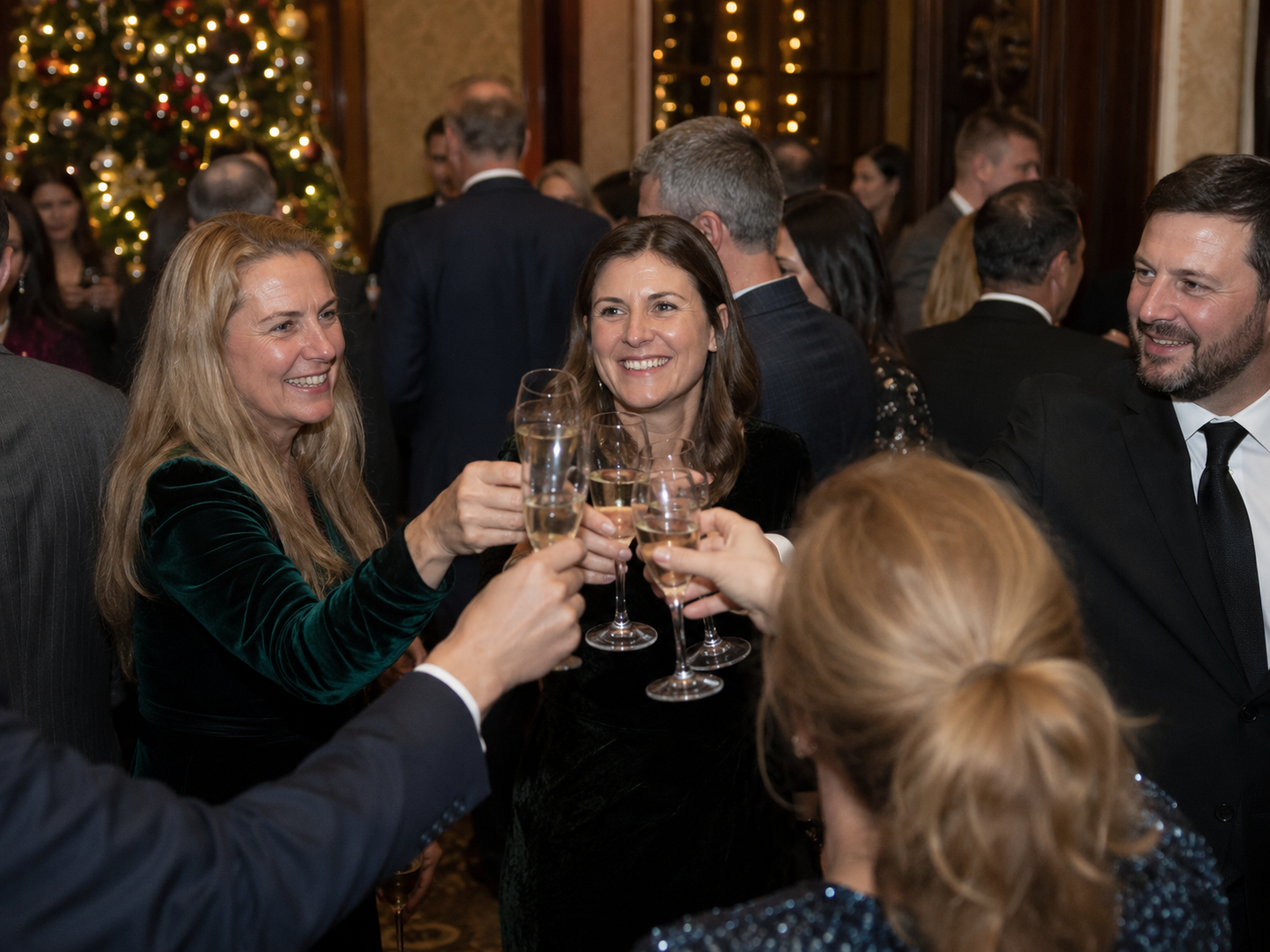 Group of elegantly dressed guests toasting with champagne glasses at a festive holiday party.