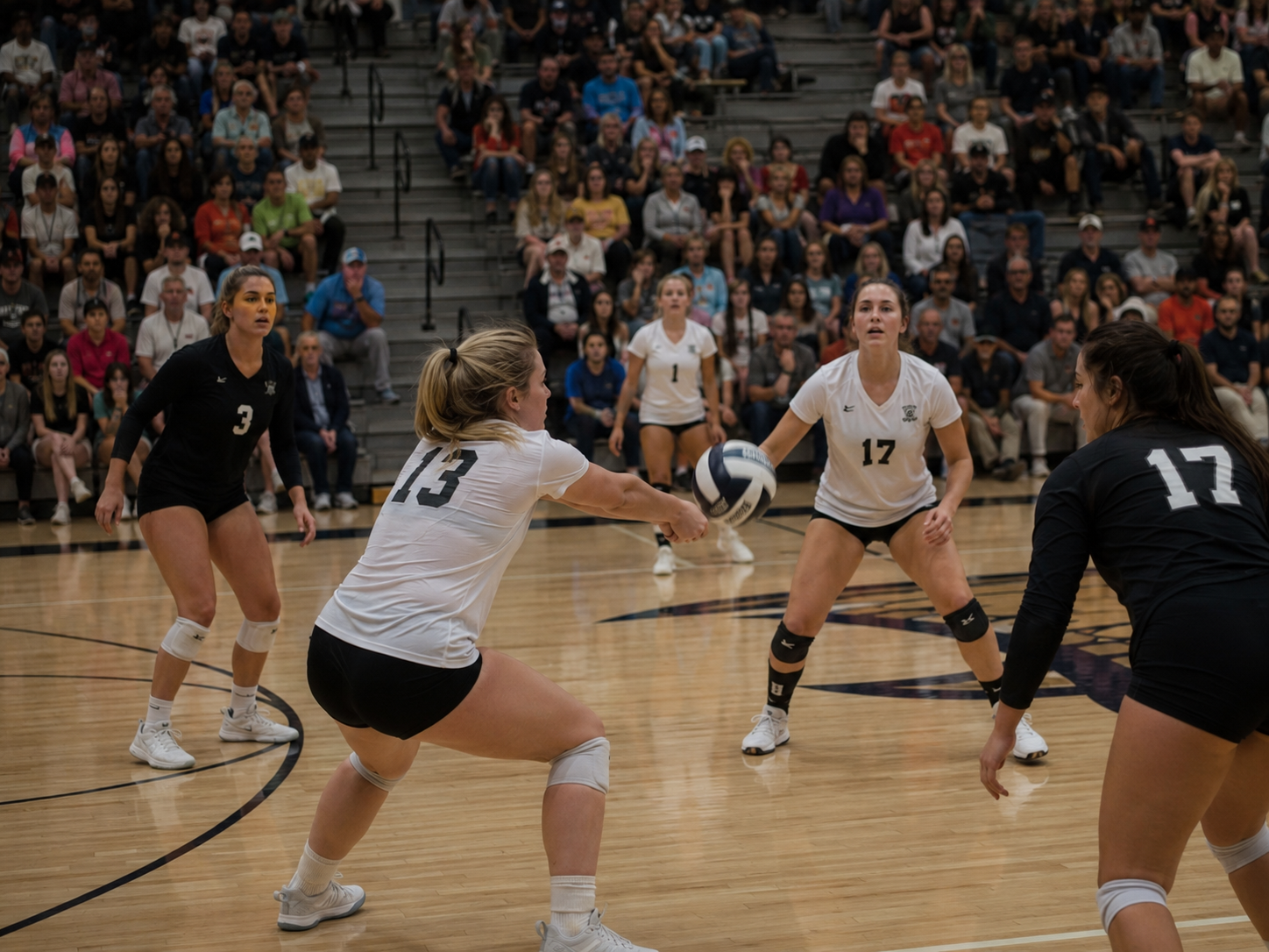 Volleyball player number 13 sets the ball during a competitive indoor high school volleyball match.
