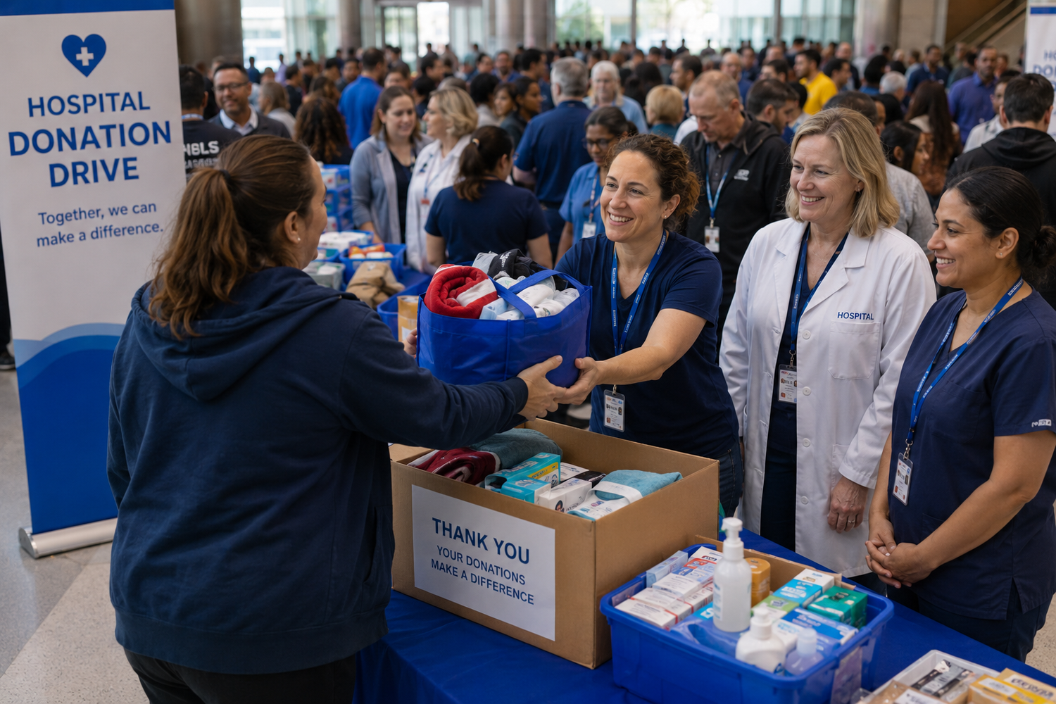 Hospital donation drive volunteers accept medical supply donations at a busy indoor charity event table.