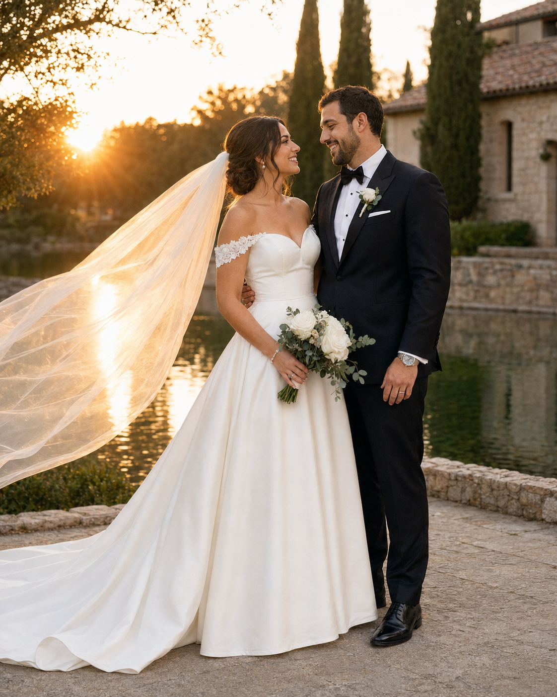 Bride and groom share romantic sunset moment, veil flowing, at scenic waterfront wedding venue with cypress trees.