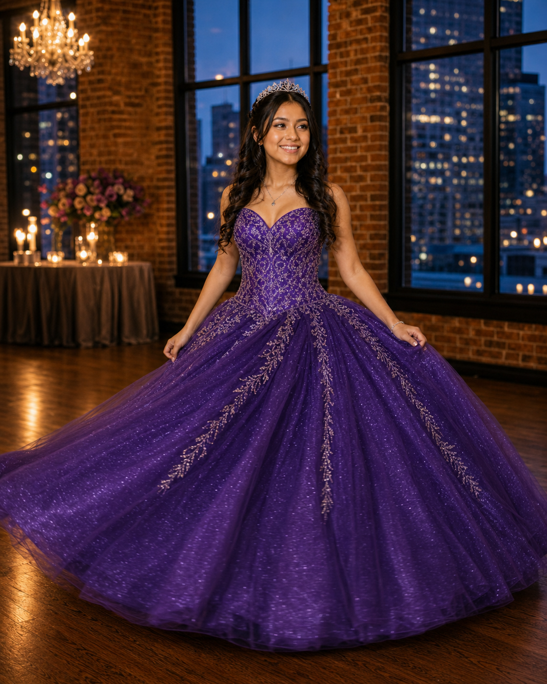 Young woman wearing a stunning purple ball gown with gold embroidery and tiara at an elegant quinceañera celebration.