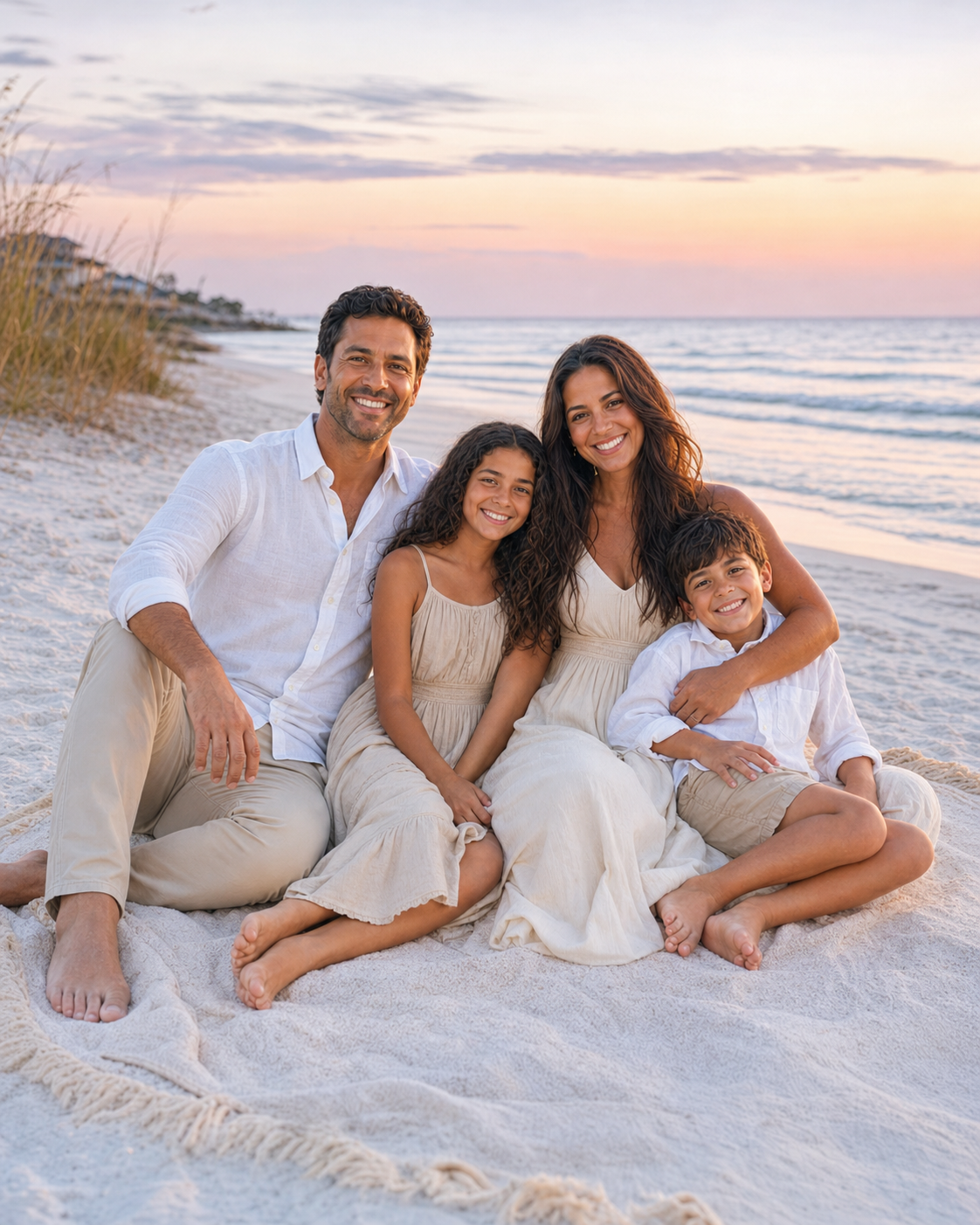 Family of four sitting on beach blanket at sunset, wearing white and beige outfits, smiling at camera.