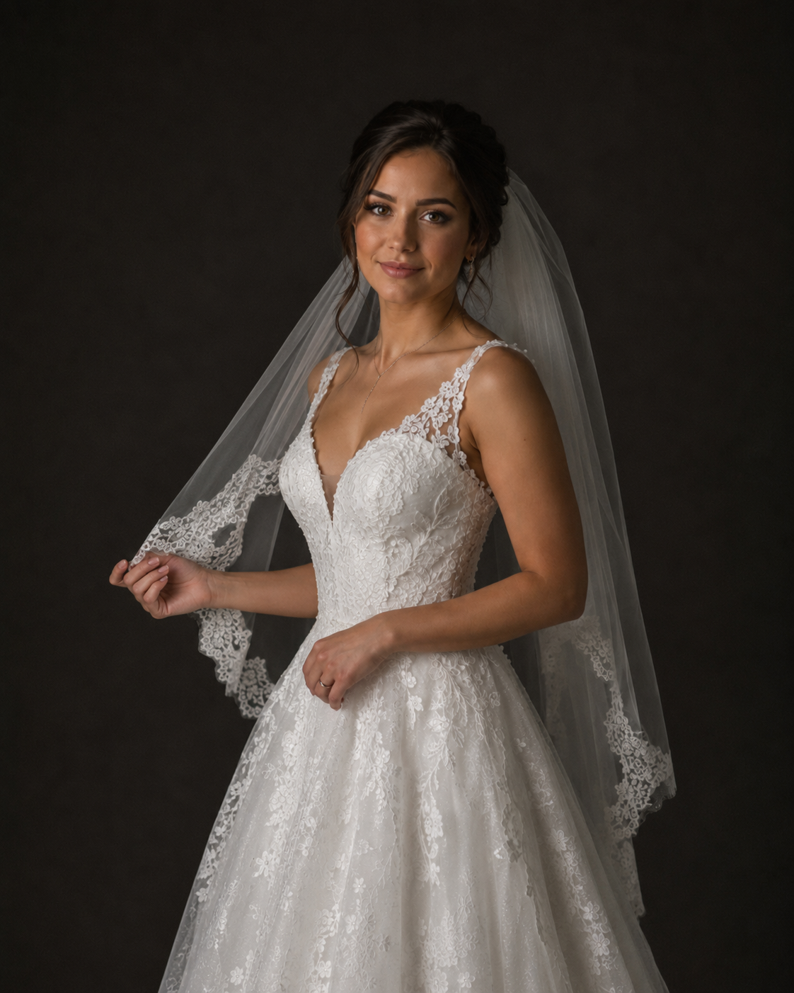 Bride in lace A-line wedding gown holding her veil, wearing matching lace straps against dark background.