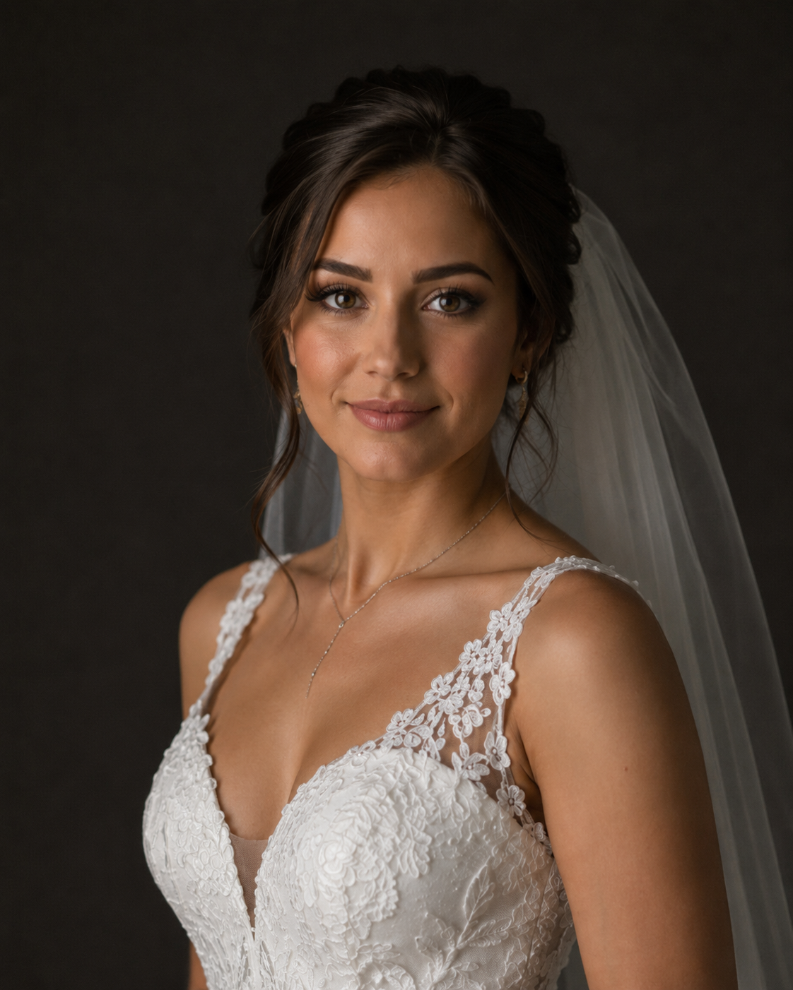 Elegant bride in lace wedding gown and veil with soft updo hairstyle and natural makeup against dark background.