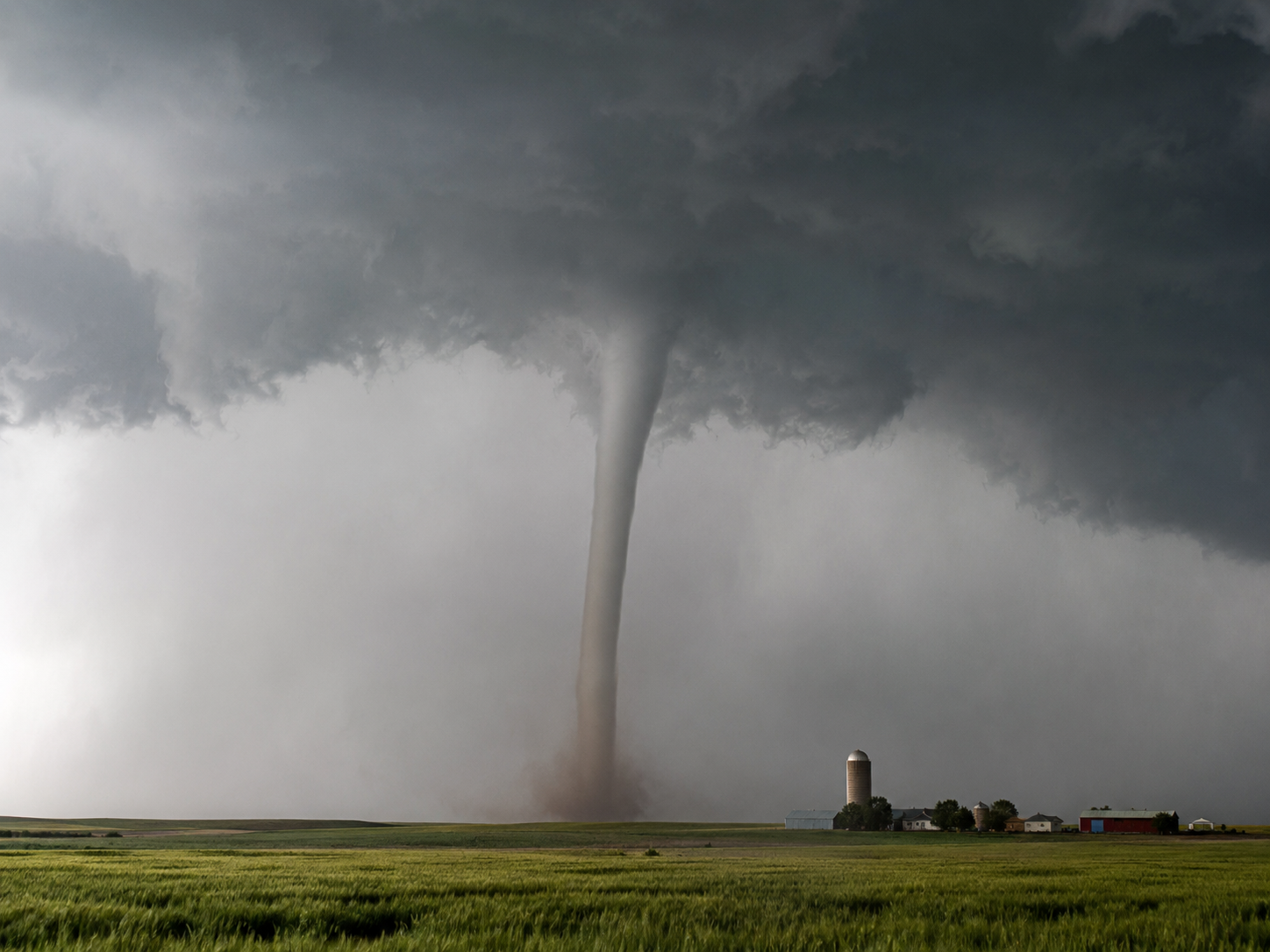 A massive tornado touches down over flat farmland with dark storm clouds swirling above a rural barn.