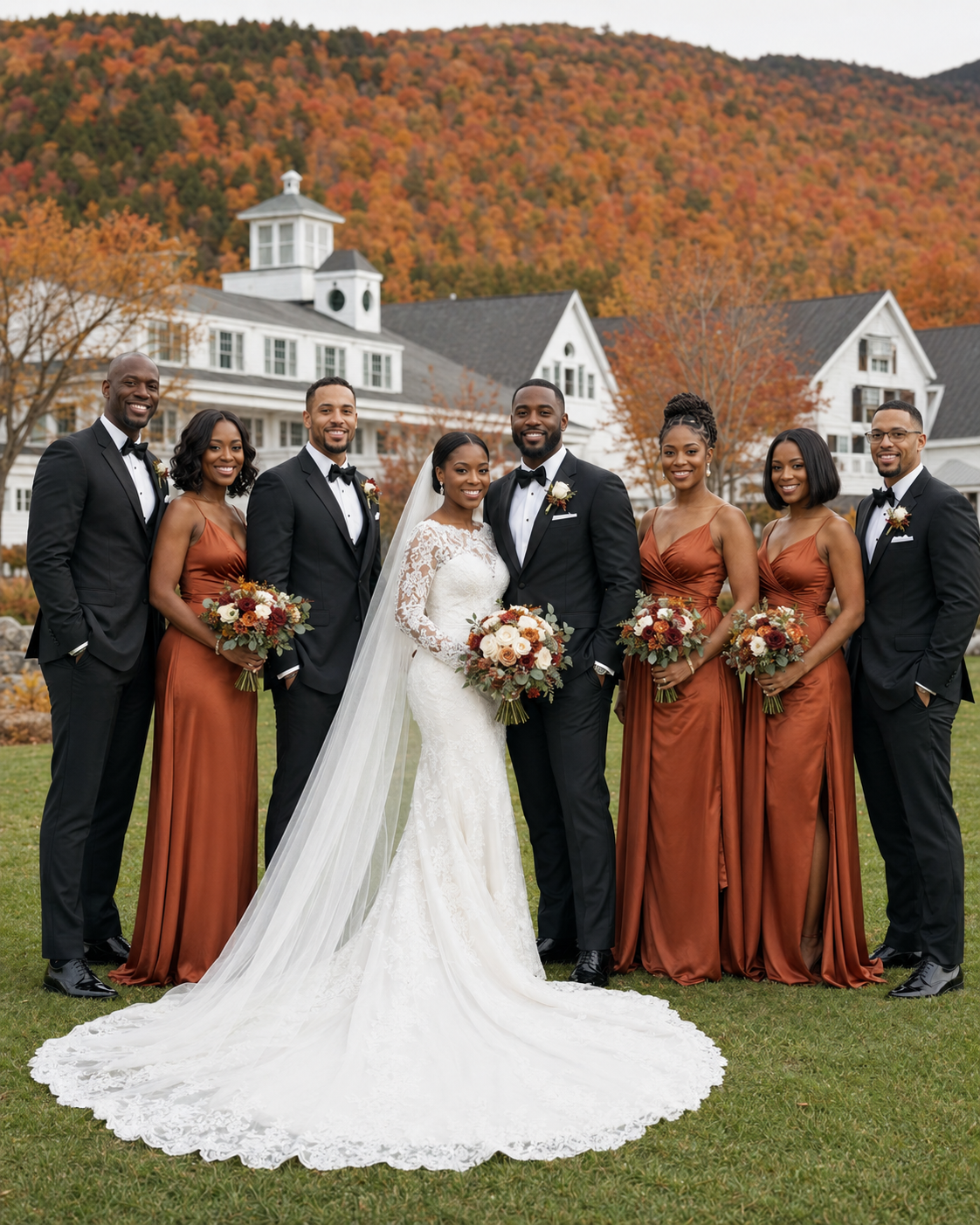 Wedding party posing outdoors with bride in lace gown, bridesmaids in rust dresses, groomsmen in black tuxedos.